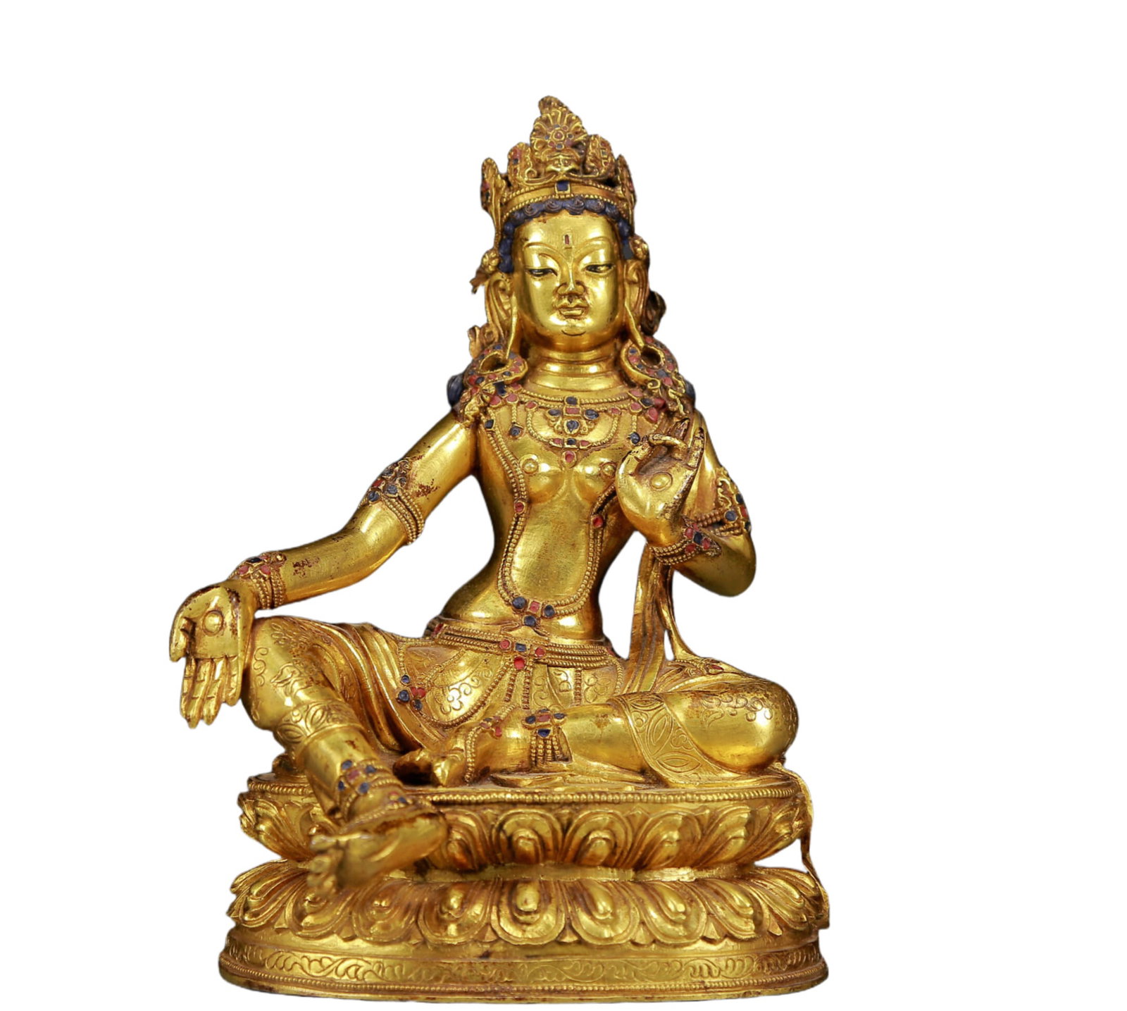 An Exquisite Gilt Bronze Inlaid Gems Statue of Green Tara: An Exquisite Gilt Bronze Inlaid Gems Statue of Green Tara,Ming Dynasty, China,Size:5.1inx4.7inx7.9in,Weight:1950g 铜鎏金嵌宝石绿度母像ᦁ
