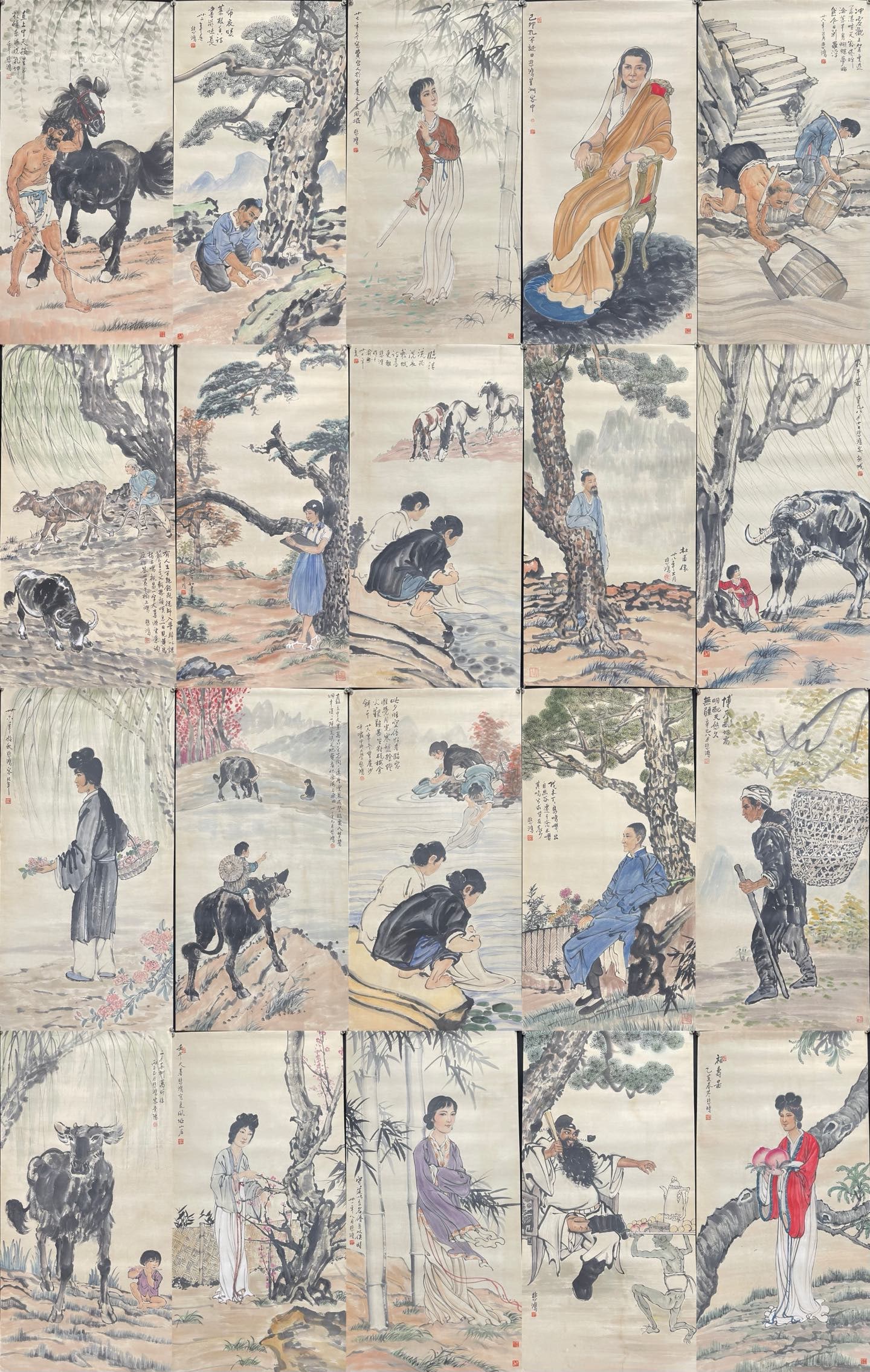 A Set of Chinese Ink Painting of Figure on Paper,Xu Beihong: A Set of Chinese Ink Painting of Figure on Paper,Xu Beihong,Size:26.8inx53.9in*20 一套中国水墨人物画,徐悲鸿