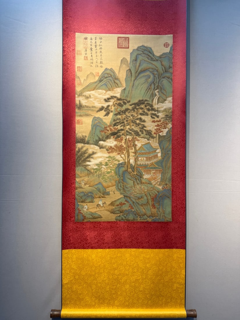 A Chinese Vertical Scroll Ink Painting of Landscape and Figure on Silk,Tang Yin: A Chinese Vertical Scroll Ink Painting of Landscape and Figure on Silk,Tang Yin,Size:(Without frame)36.6inx19.3in 一幅中国水墨绢本山水ߟ