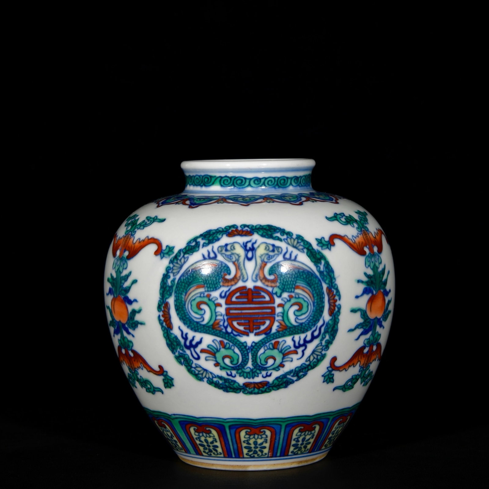 An Exquisite Doucai Bats,Peach and Dragon Pattern Jar: An Exquisite Doucai Bats,Peach and Dragon Pattern Jar,Qing Dynasty, China,Qianlong Six-character Mark,Size:6.3inx6.1in 斗彩福寿龙纹罐,中国清
