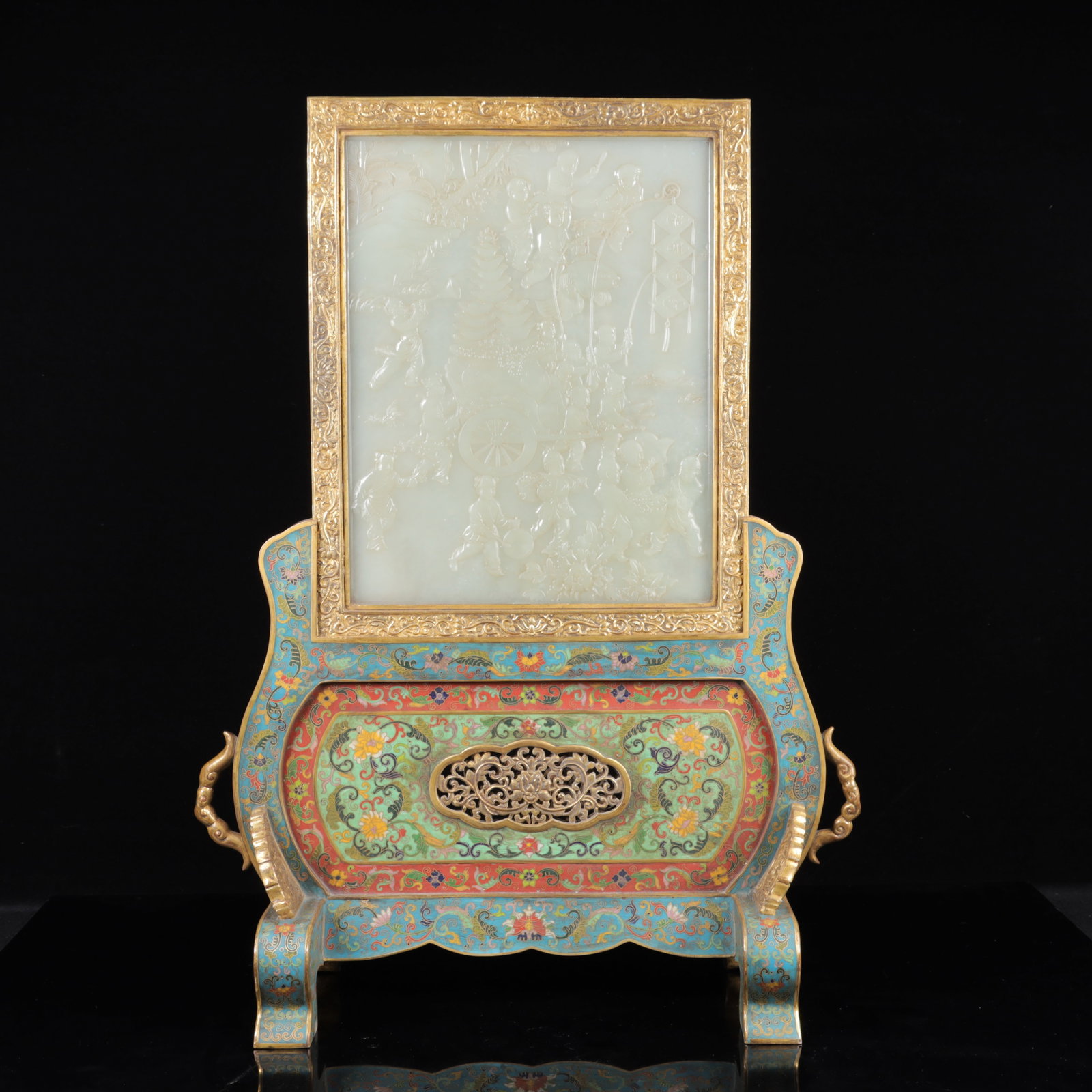 An Exquisite Cloisonne Inlaid White Jade Figure Pattern Table Screen,with poem: An Exquisite Cloisonne Inlaid White Jade Figure Pattern Table Screen,with poem,Qing Dynasty, China,Size:23.2inx17.3inx7.1in,Weight:6150g 景泰蓝嵌白玉人物