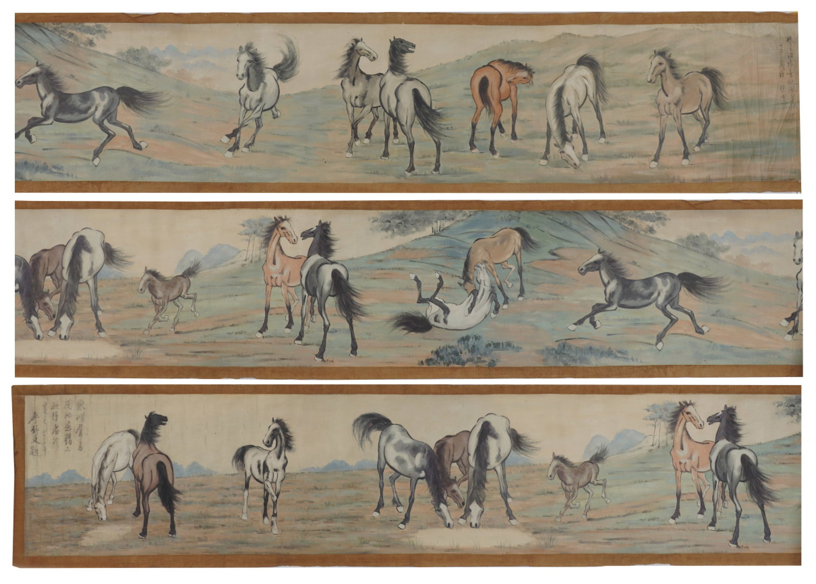 A Chinese Hand Scroll Ink Painting of Horse on Silk: A Chinese Hand Scroll Ink Painting of Horse on Silk,Xu Beihong,Size:17.7inx206.7in 一幅中国水墨绢本骏马画手卷,徐