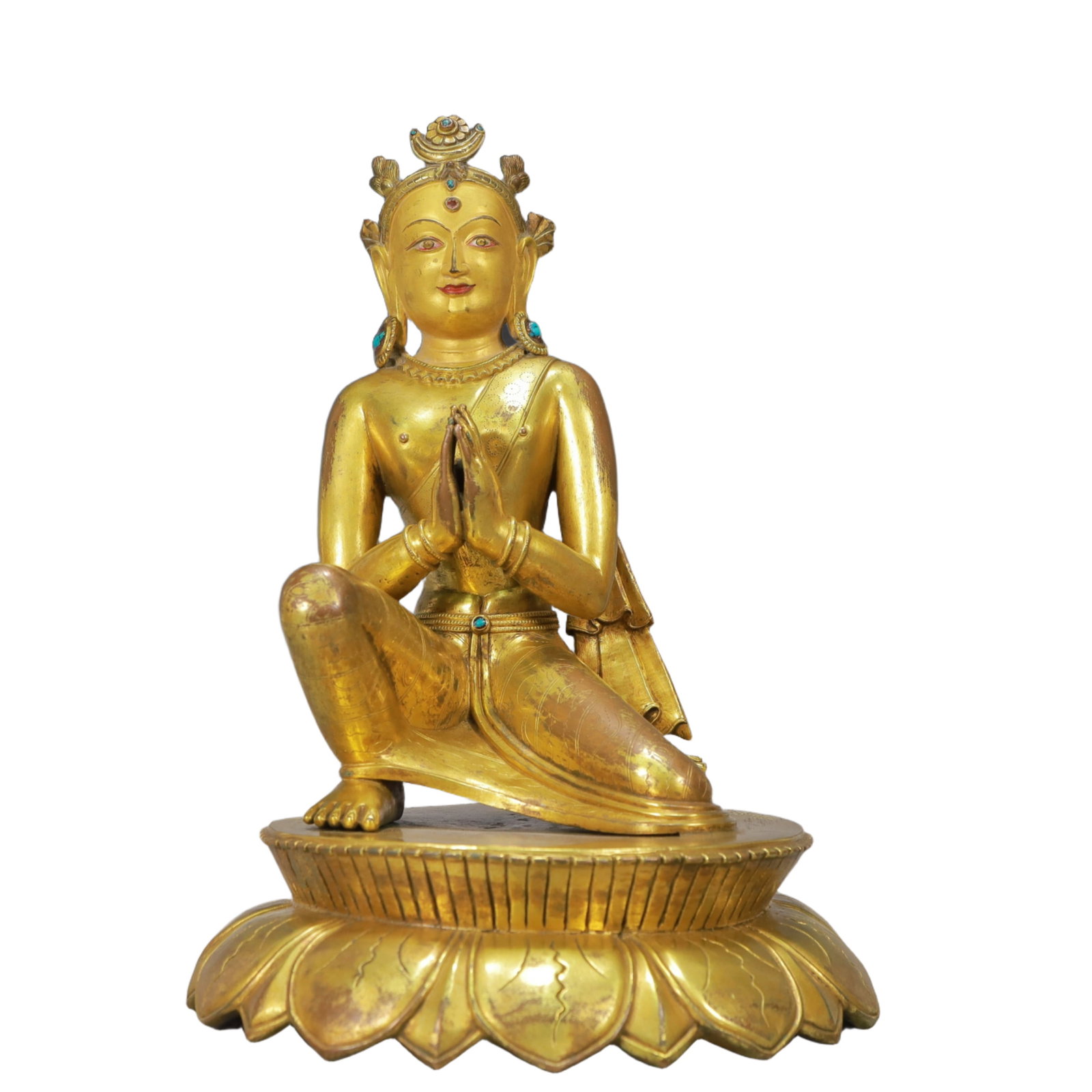 A Solemn Gilt Bronze Statue of Avalokitesvara,Inlaid Turquoise,With Inscription: A Solemn Gilt Bronze Statue of Avalokitesvara,Inlaid Turquoise,With Inscription,Ming Dynasty, China,Size:9.1inx12.6in,Weight:6250g 铜鎏金观音像,嵌绿