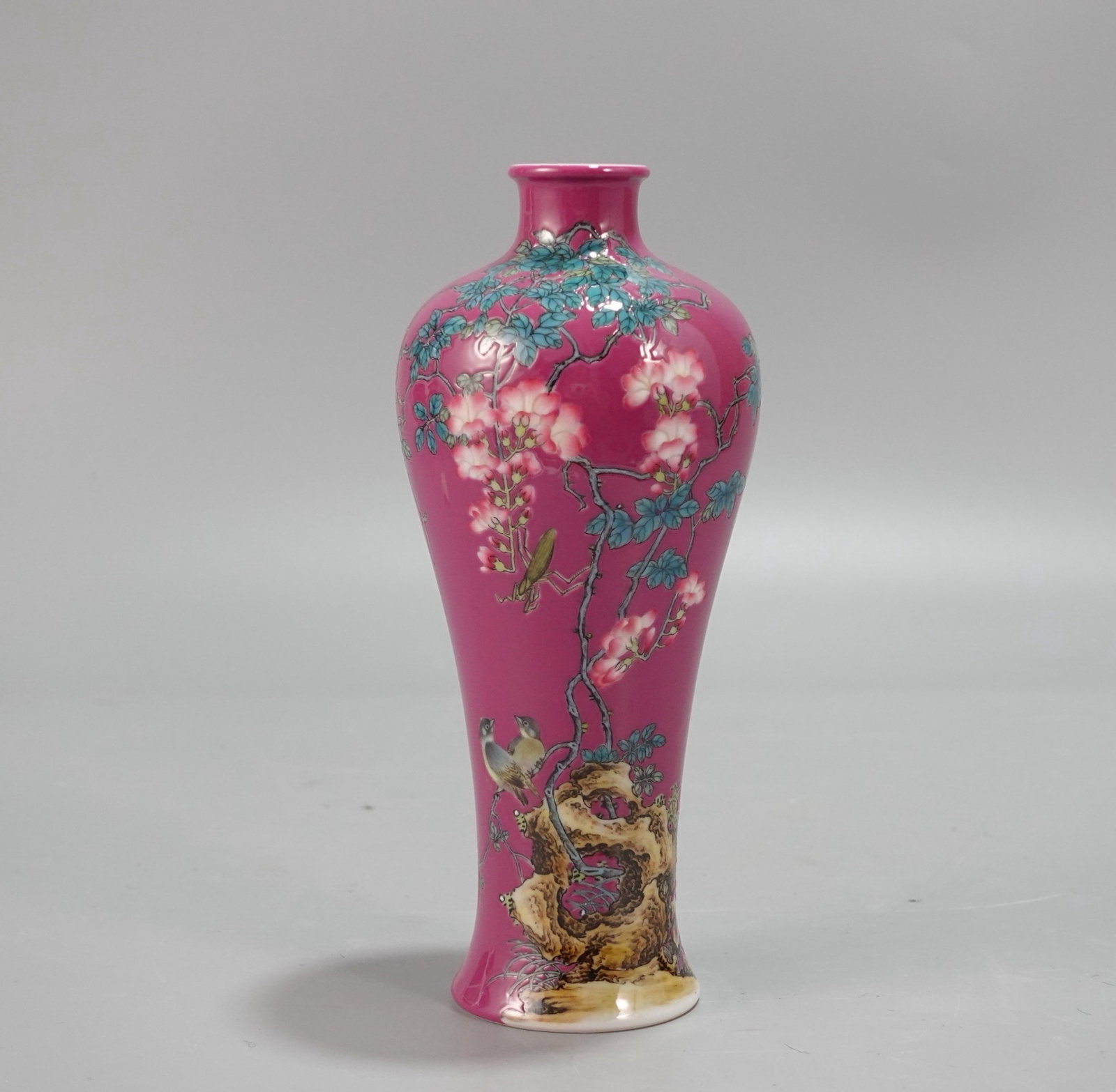 An Exquisite Ruby Red-Ground Enamel Flower and Bird Pattern Vase,with poem: An Exquisite Ruby Red-Ground Enamel Flower and Bird Pattern Vase,with poem,Qing Dynasty,China,Yongzheng Four-character Mark,Size:7.1inx3.1in 胭脂红地珐琅彩