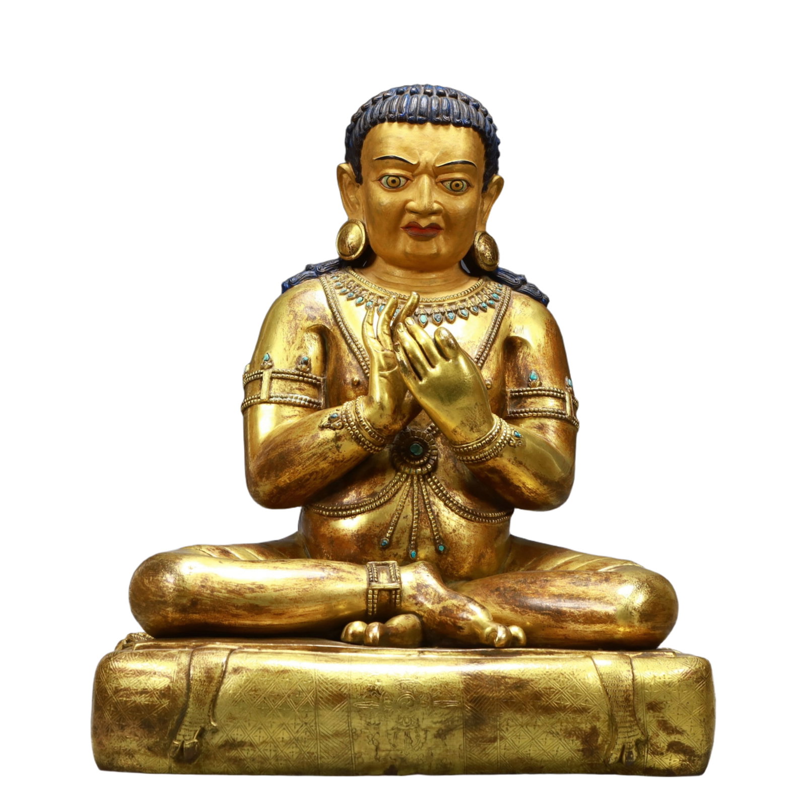 A Solemn Gilt Bronze Statue of Guru,Inlaid Turquoise: A Solemn Gilt Bronze Statue of Guru,Inlaid Turquoise,Ming Dynasty, China,Size:13.8inx10.6inx18.5in,Weight:19350g 铜鎏金上师像,嵌绿松石,È