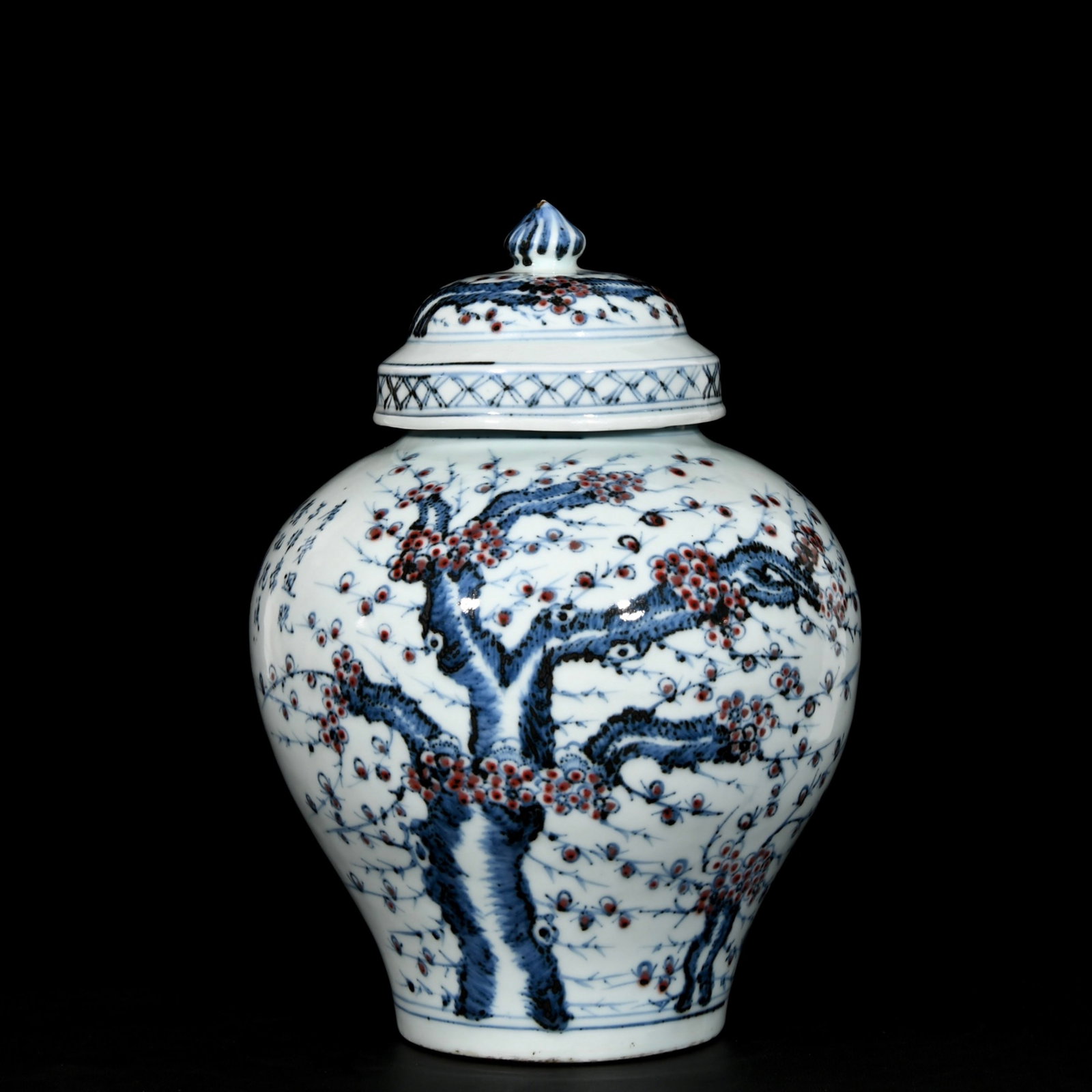 A Rare Blue and White Underglaze-Red Plum Blossom Pattern Jar with Cover: A Rare Blue and White Underglaze-Red Plum Blossom Pattern Jar with Cover,Ming Dynasty, China,Hongwu Mark,Size:11.8inx9.1in 青花釉里红梅花纹盖Ņ
