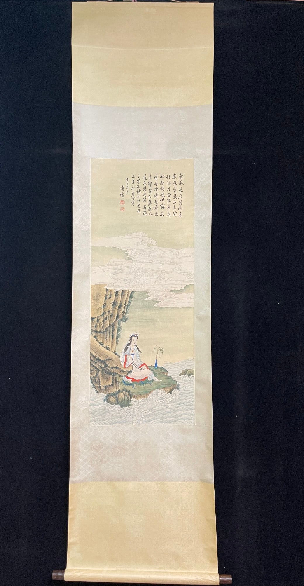 A Chinese Vertical Scroll Ink Painting of Landscape and Figure on Paper,Fu Ru: A Chinese Vertical Scroll Ink Painting of Landscape and Figure on Paper,Fu Ru,Size:15.7inx40.6in 一幅中国水墨山水人物画立轴