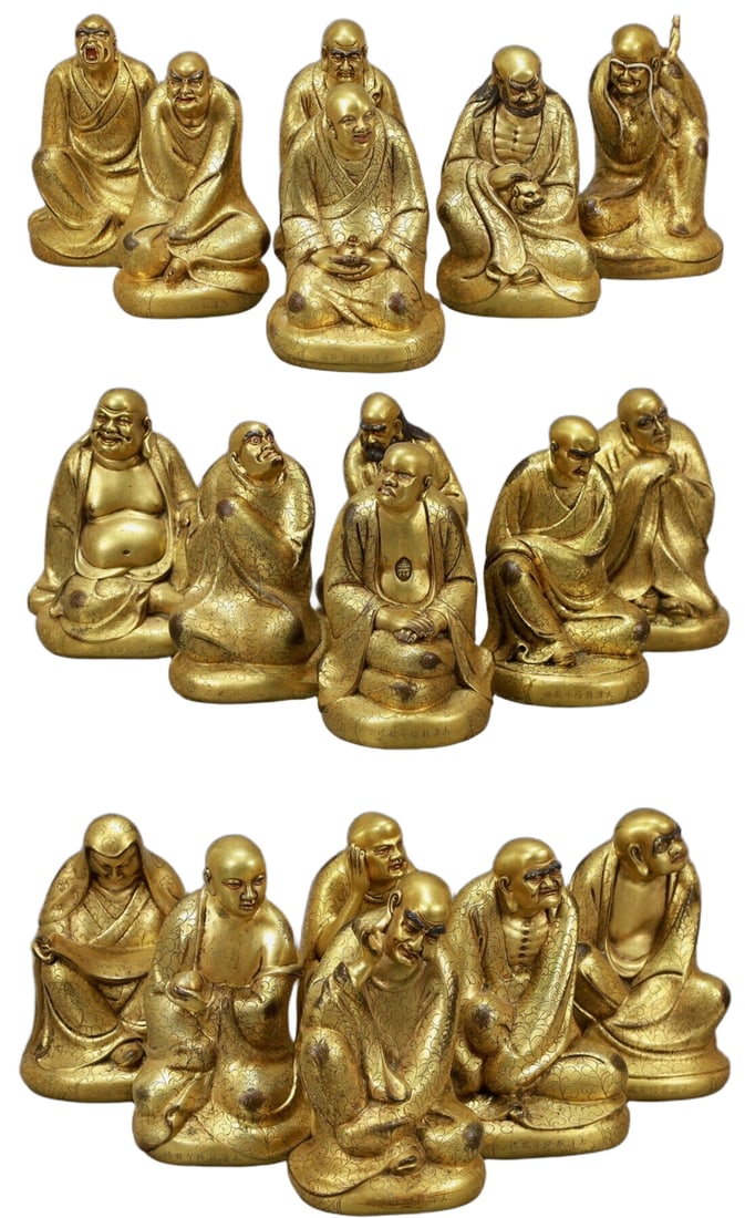 A Set of Solemn Gilt Bronze Statue of Arhat: A Set of Solemn Gilt Bronze Statue of Arhat,Qing Dynasty, China,Qianlong Seven-character Mark,Size:5.3inx5.1inx7.9in,Total Weight:41400g 一套铜鎏金罗汉像