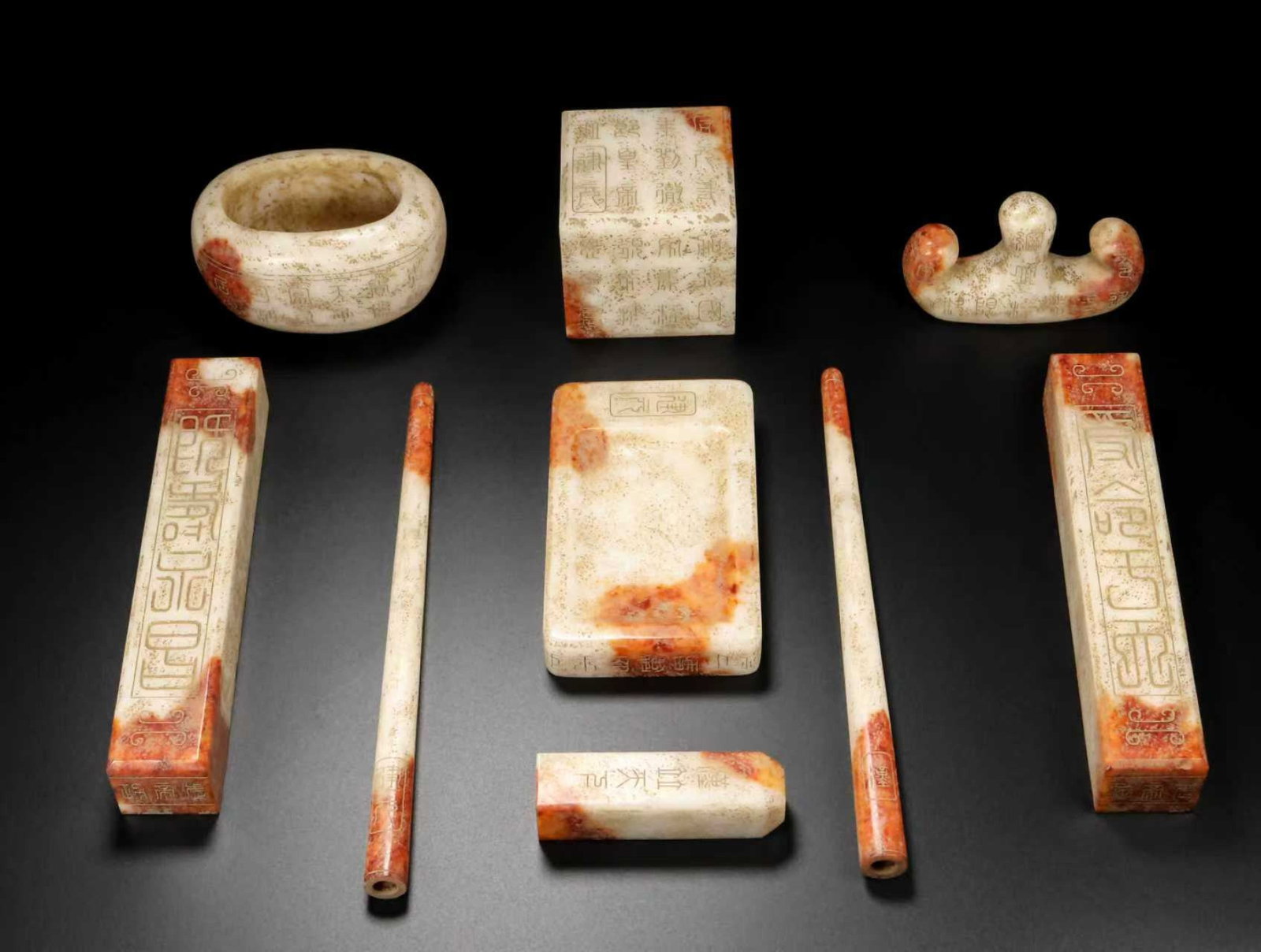 A Set of Fine White Jade Ornaments,With Inscription (1 of 9)