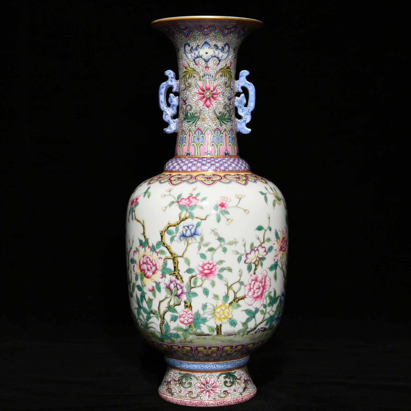A Rare Famille-Rose Flower Pattern Double-Ears Vase: A Rare Famille-Rose Flower Pattern Double-Ears Vase,Qing Dynasty,China,Qianlong Six-character Mark,Size:14.2inx6.3in 粉彩花卉纹双耳瓶,中国&#