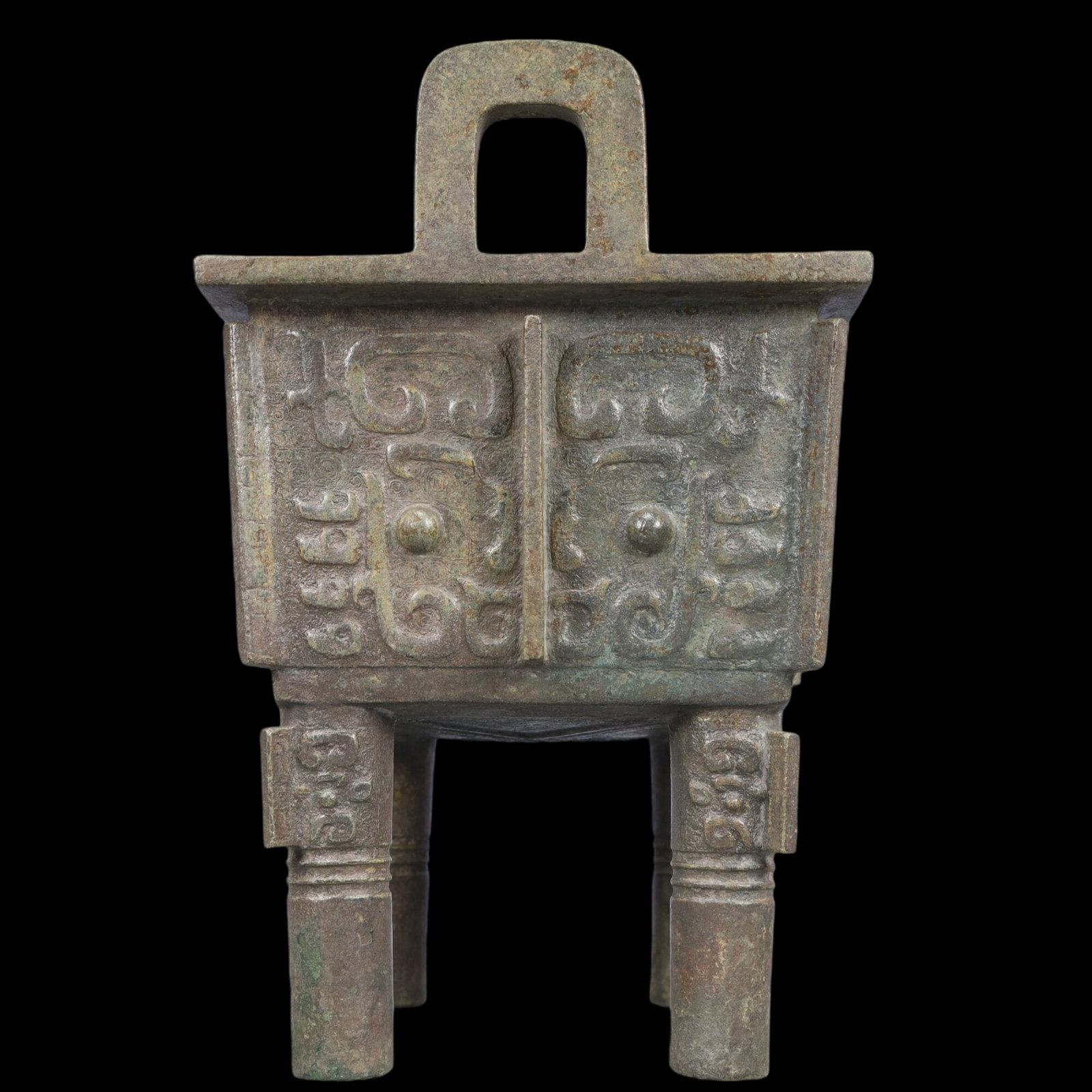 A Rare Bronze Beast-Face Pattern Double-Ears Ding - 7