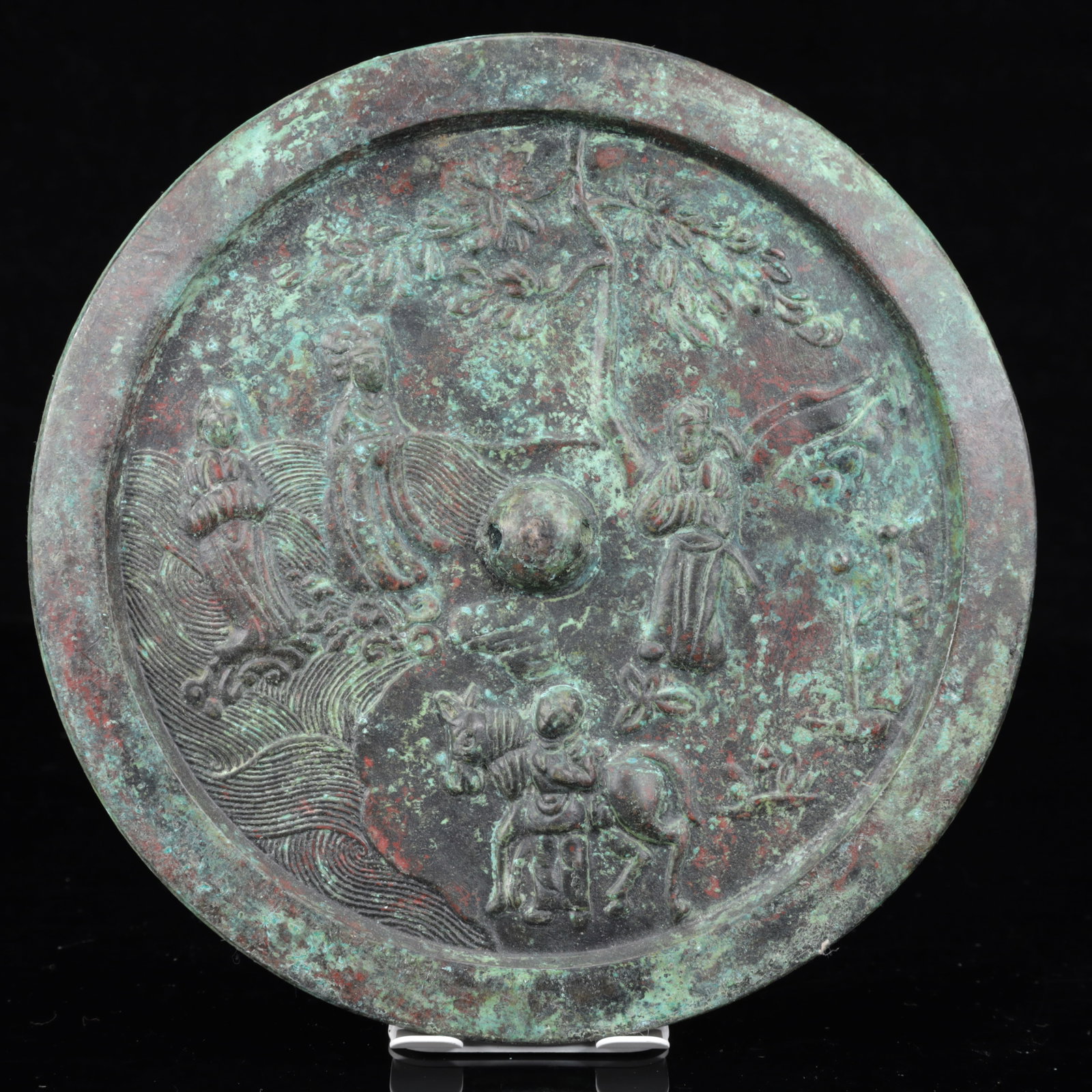 An Archaic Bronze Character and Story Pattern Round Mirror: An Archaic Bronze Character and Story Pattern Round Mirror,The Warring States period in China,Size:8.3inx0.8in,Weight:1600g 青铜人物故事纹圆镜,
