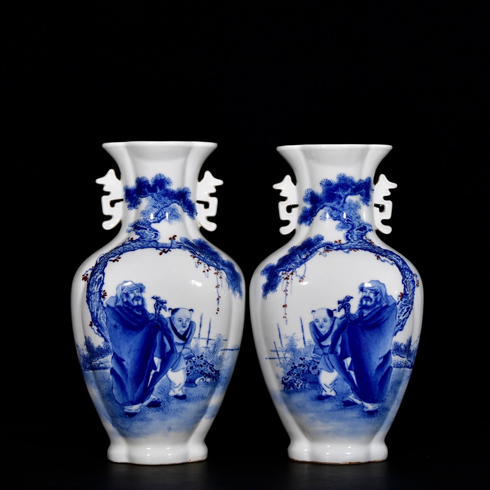 A Pair of Rare Blue and White Figure Pattern Double-Ears Vases,With Poem: A Pair of Rare Blue and White Figure Pattern Double-Ears Vases,With Poem,the Republic of China,With Mark,Size:14.6inx7.9in 一对青花人物纹双耳ī