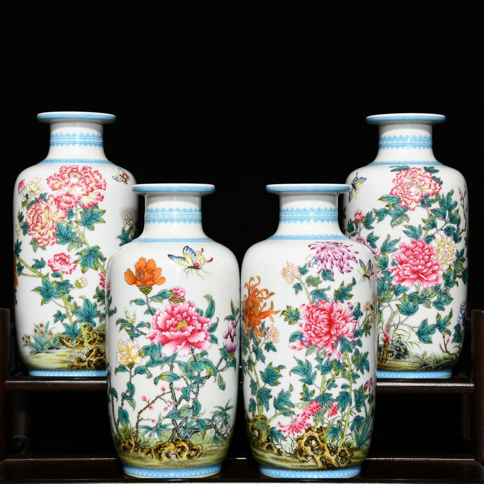 A Set of Fine Famille-Rose Flower and Butterfly Pattern Vases,with poem: A Set of Fine Famille-Rose Flower and Butterfly Pattern Vases,with poem,Qing Dynasty,China,Yongzheng Six-character Mark,Size:8.5inx4.1in 一套粉彩花卉蝴蝶