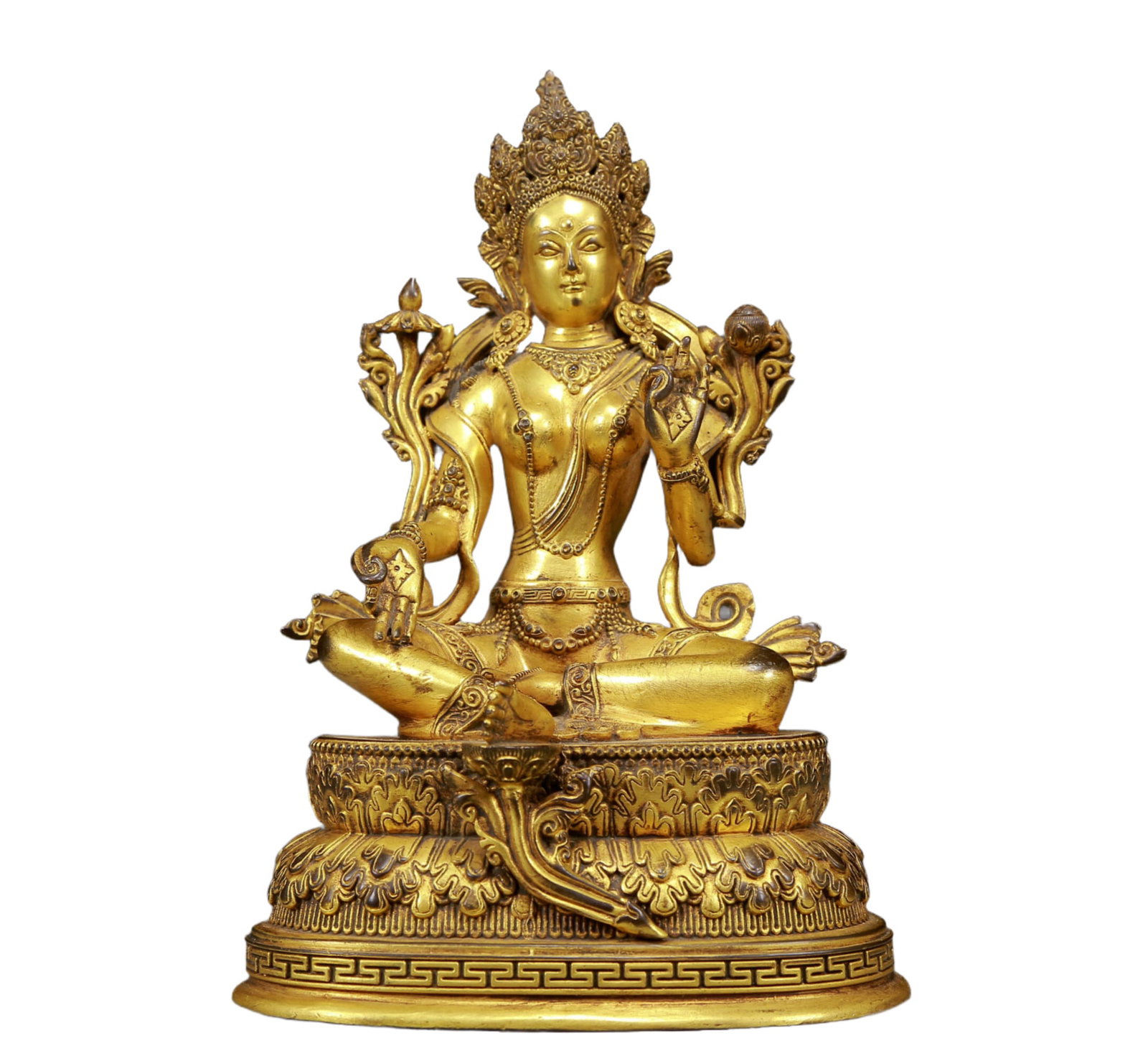 A Solemn Gilt Bronze Statue of Tara,With Inscription: A Solemn Gilt Bronze Statue of Tara,With Inscription,Ming Dynasty, China,Size:5.7inx4.3inx8.7in,Weight:1790g 铜鎏金度母像，带铭文，
