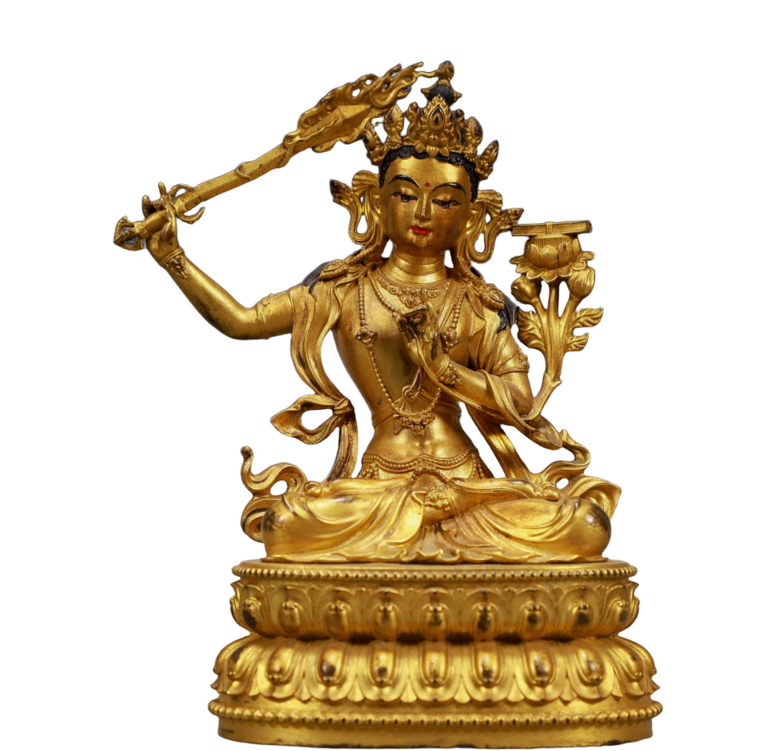 A Solemn Gilt Bronze Statue of Manjusri: A Solemn Gilt Bronze Statue of Manjusri,Qing Dynasty, China,Size:4.3inx2.6inx6.1in,Weight:750g 铜鎏金文殊菩萨像,中国清代