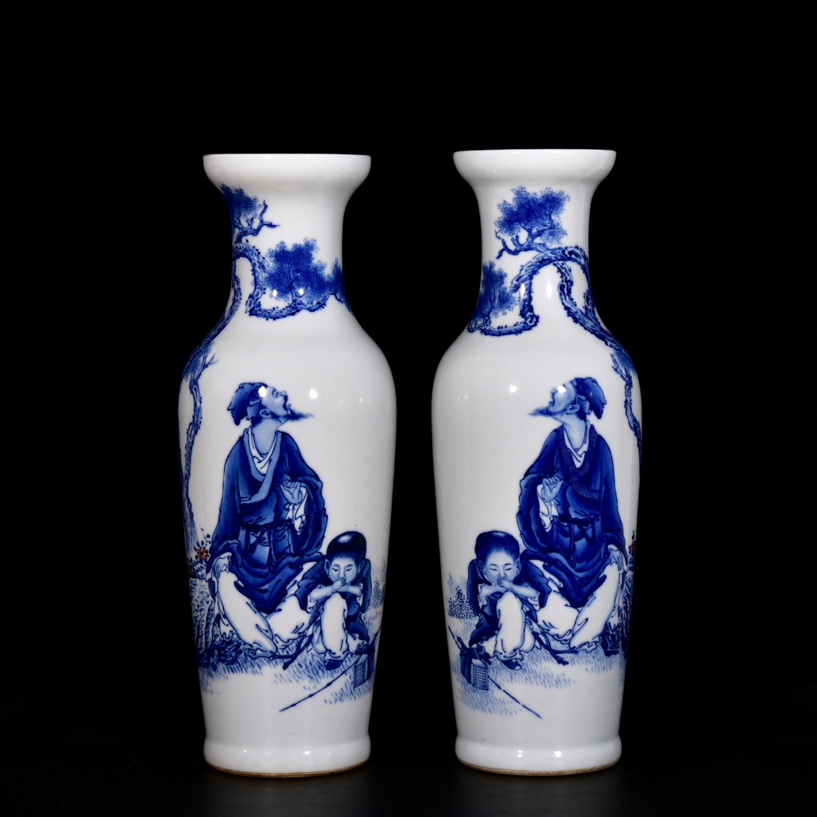 A Pair of Huge Blue and White Figure Pattern Vases,With Poem: A Pair of Huge Blue and White Figure Pattern Vases,With Poem,the Republic of China,With Mark,Size:17.3inx6.3in 一对青花人物纹瓶,带诗文