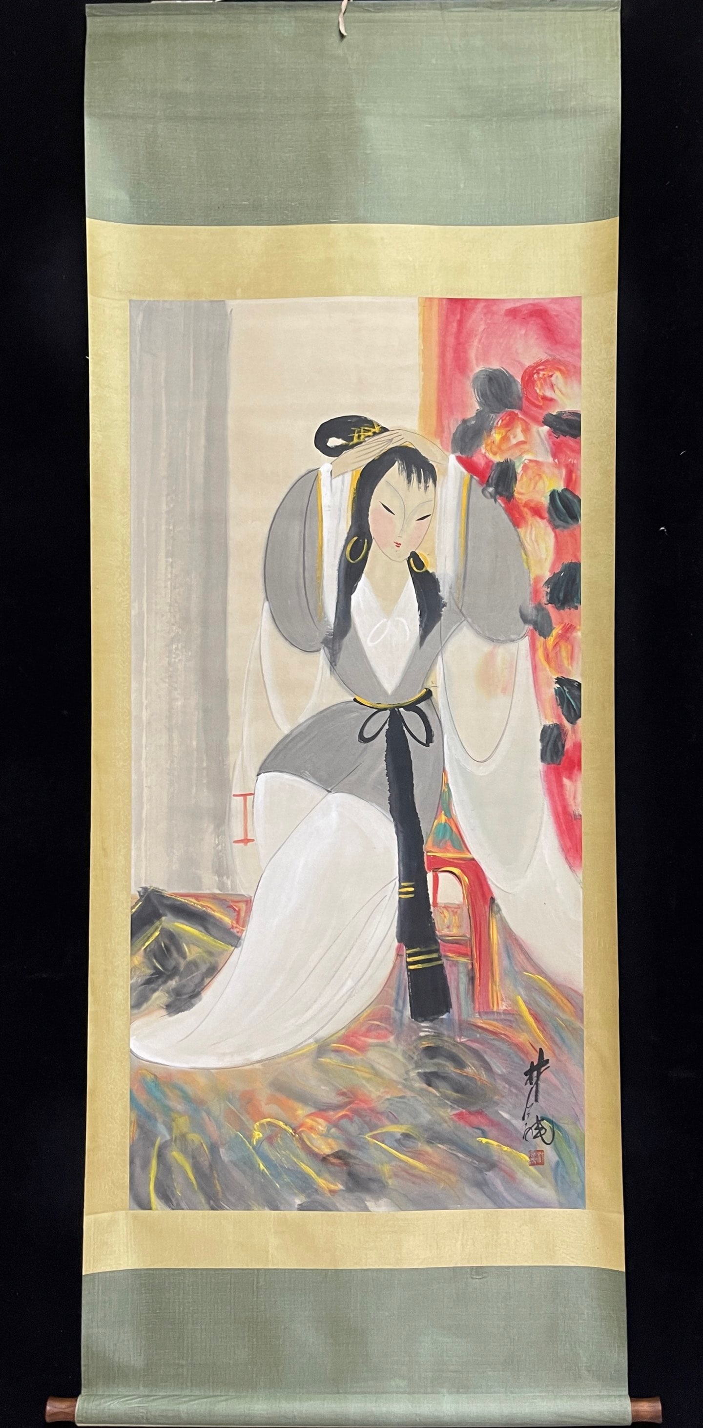 A Chinese Vertical Scroll Ink Painting of Woman on Paper,Lin Fengmian: A Chinese Vertical Scroll Ink Painting of Woman on Paper,Lin Fengmian,Size:26.8inx53.9in 一幅中国水墨仕女图立轴,林风௩