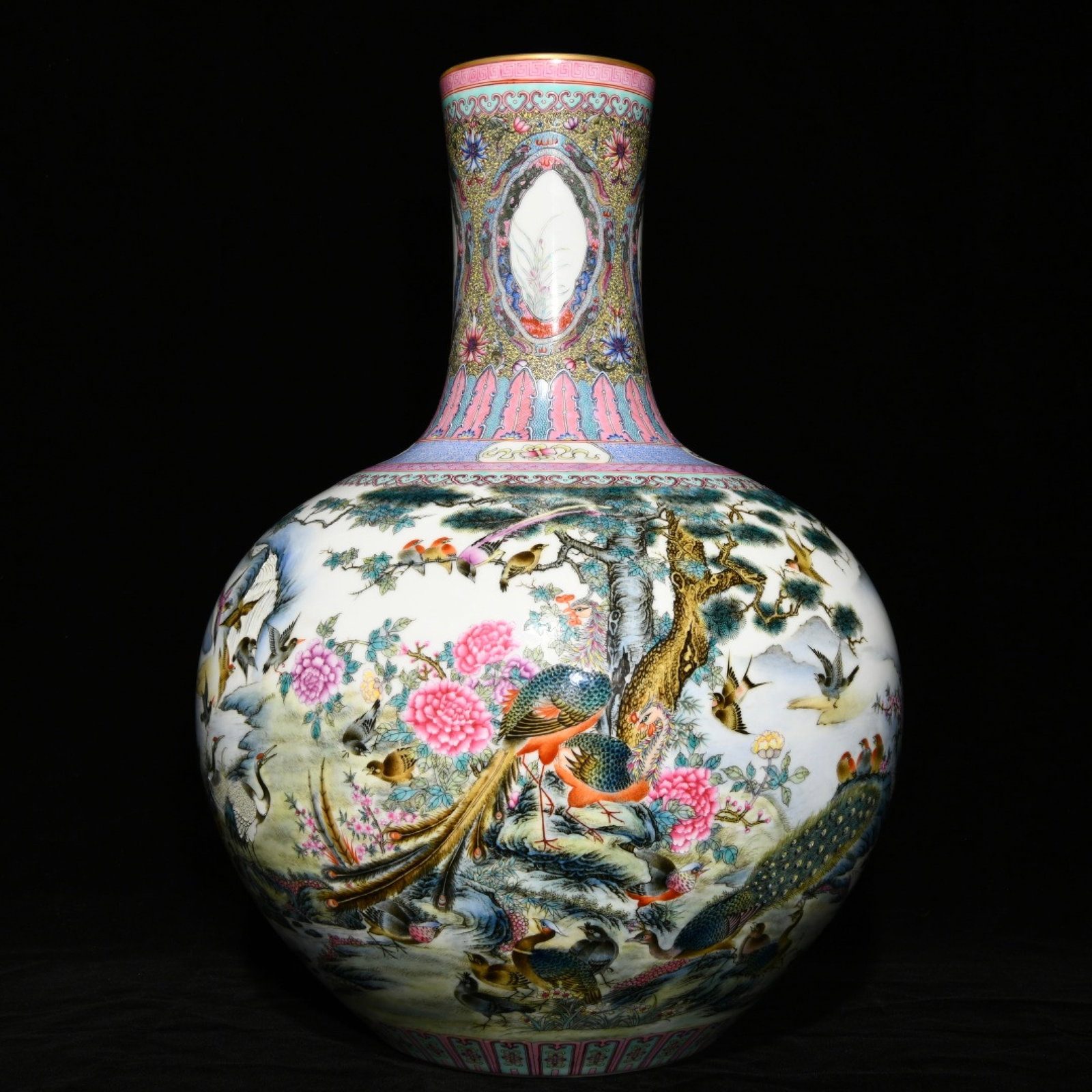 A Huge Famille-Rose Flower and Peacock Pattern Vase,with poem: A Huge Famille-Rose Flower and Peacock Pattern Vase,with poem,Qing Dynasty,China,Qianlong Four-character Mark,Size:20.7inx15in 粉彩花卉孔雀纹瓶,带
