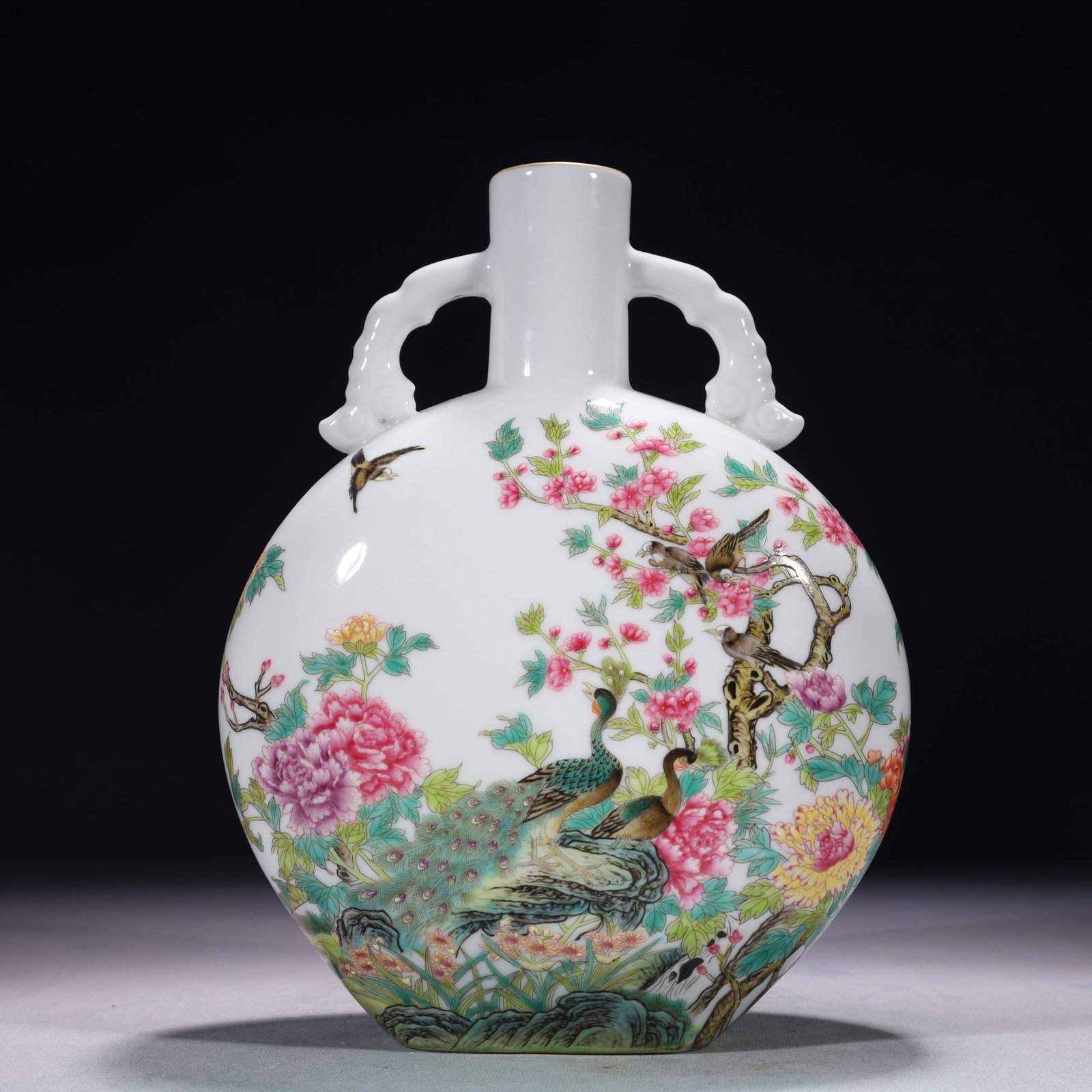 An Exquisite Famille-Rose Flower and Bird Pattern Double-Ears Vase,with poem: An Exquisite Famille-Rose Flower and Bird Pattern Double-Ears Vase,with poem,Qing Dynasty,China,Yongzheng Four-character Mark,Size:8.3inx3.5inx11in,Weight:1400g 粉彩花鸟纹