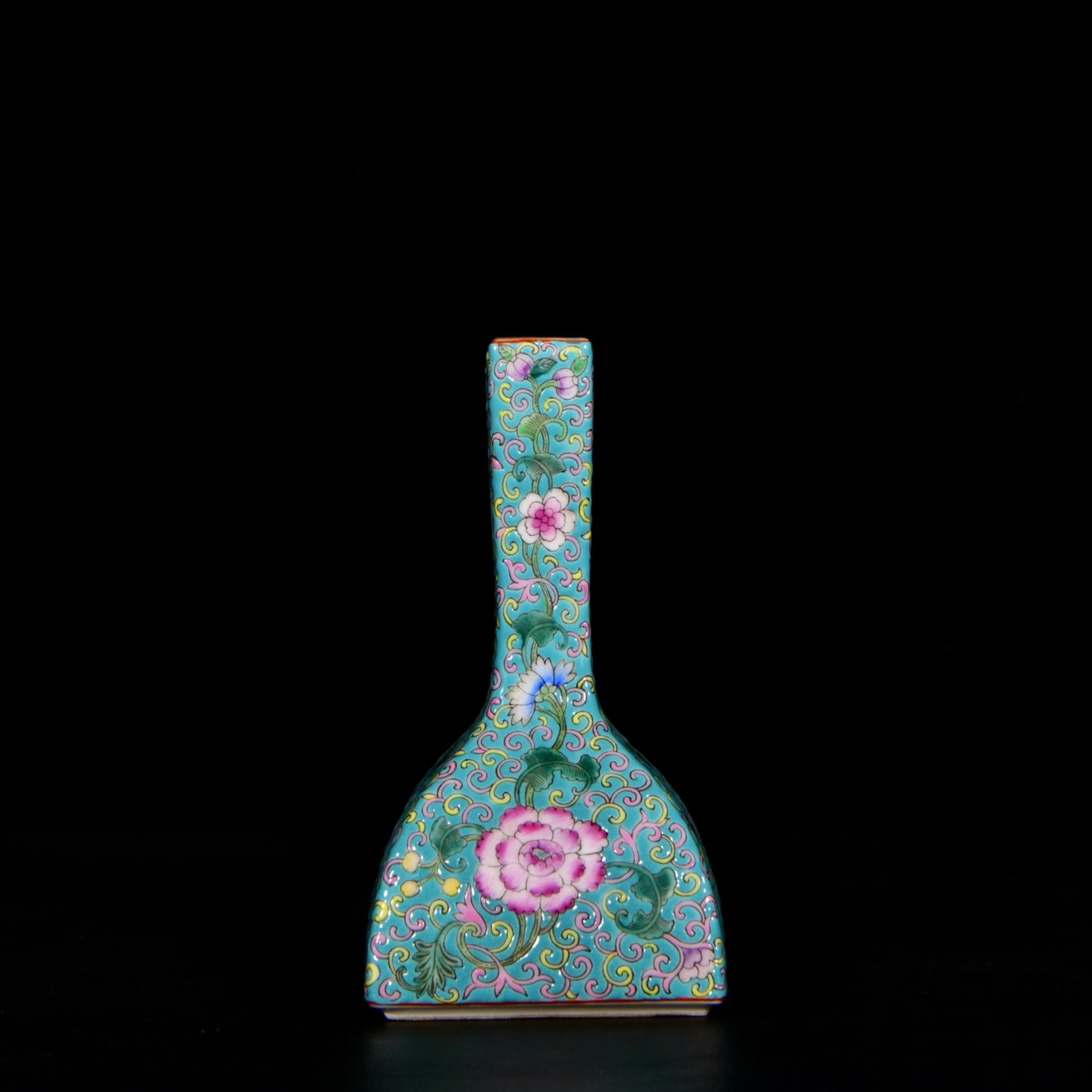 An Exquisite Turquoise Ground Enamel Painted Gold Flower Pattern Vase: An Exquisite Turquoise Ground Enamel Painted Gold Flower Pattern Vase,Qing Dynasty, China,Yongzheng Four-character Mark,Size:6.1inx3.1in 松石绿地珐琅彩描