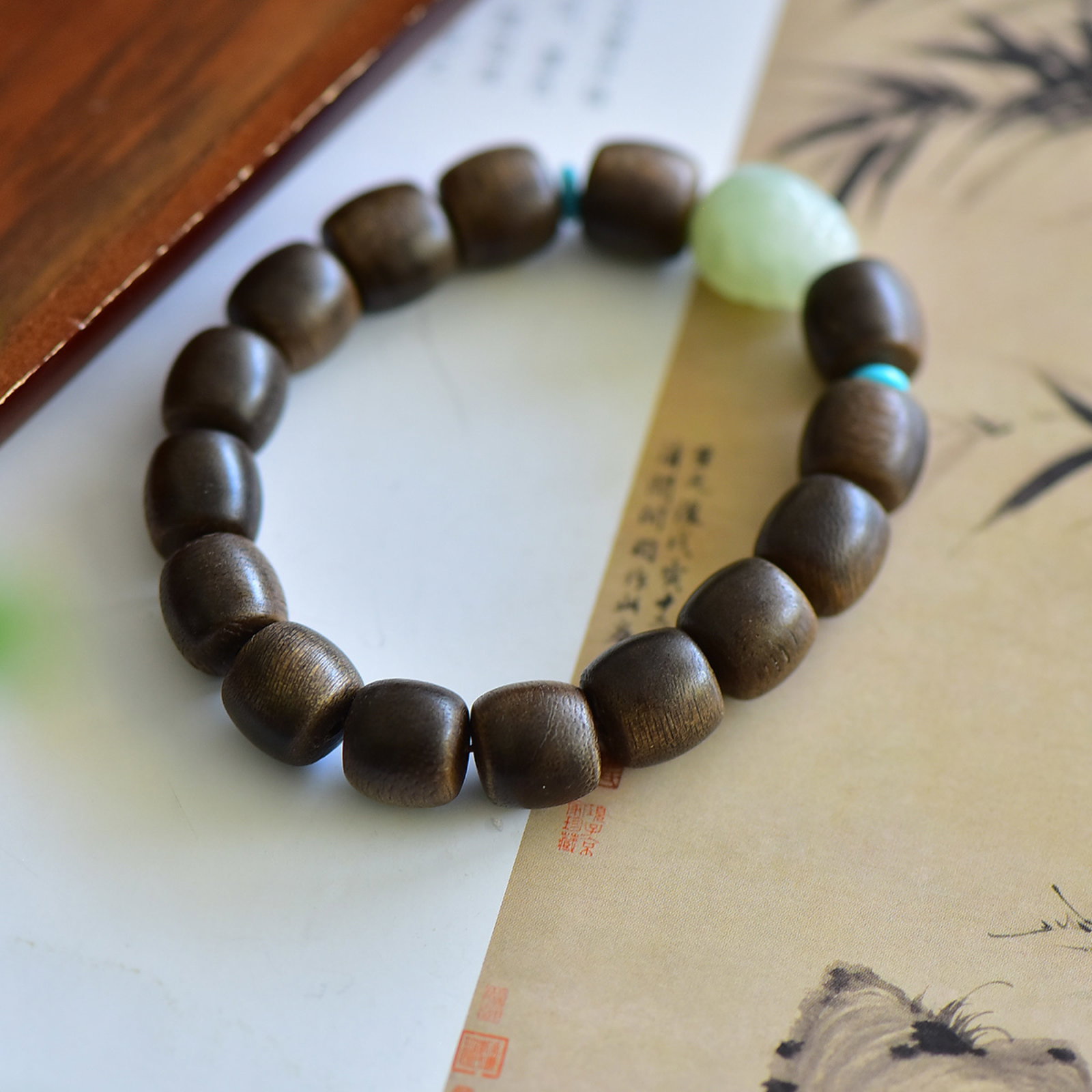 An Exquisite Greenish Jade Eaglewood Bracelets: An Exquisite Greenish Jade Eaglewood Bracelets,Size:17mmx13mm,11mmx12mm 青白玉沉香木手串