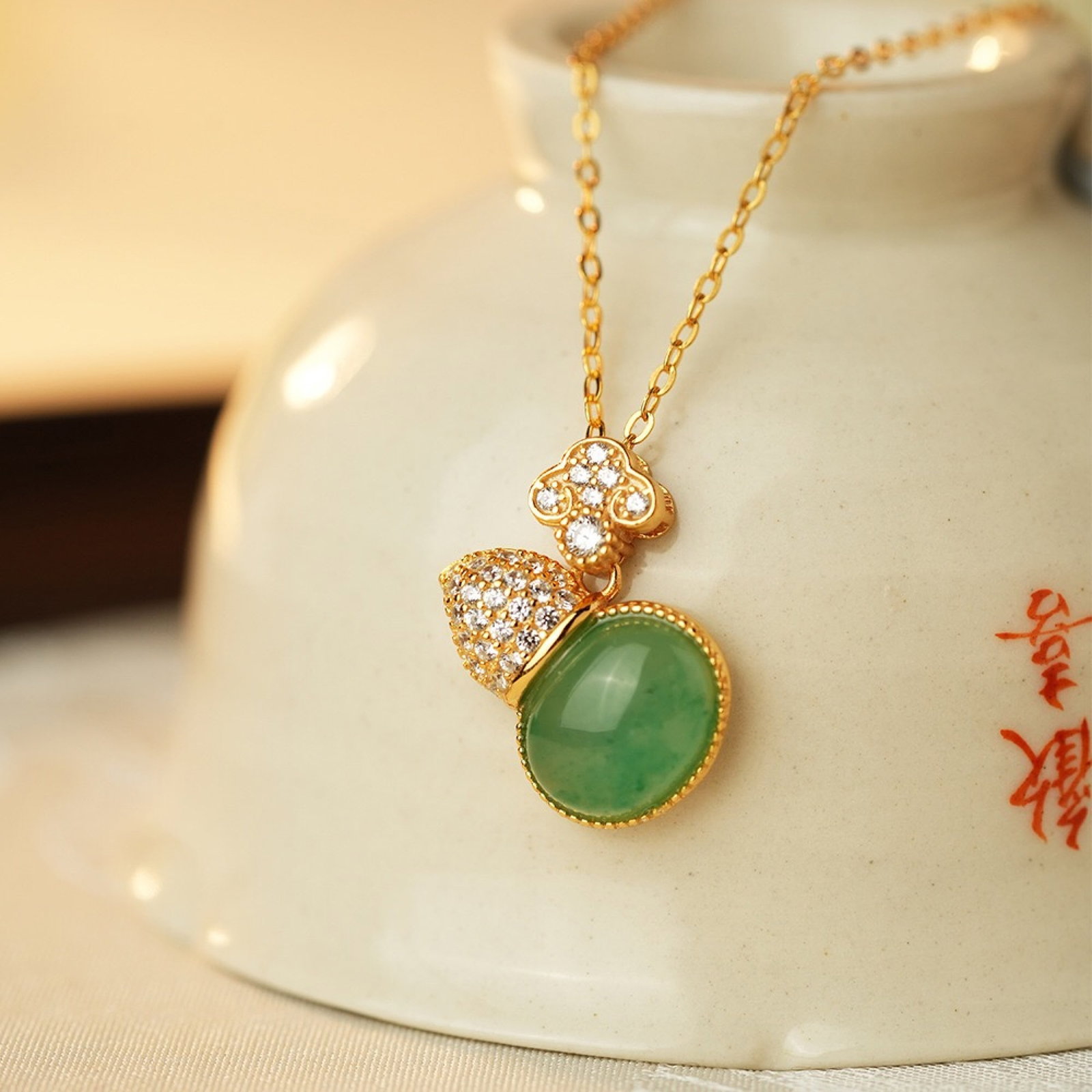 An Exquisite Sterling Silver-Gold Plated Inlaid Jadeite Gourd Pendant,Inlaid Diamond (1 of 3)