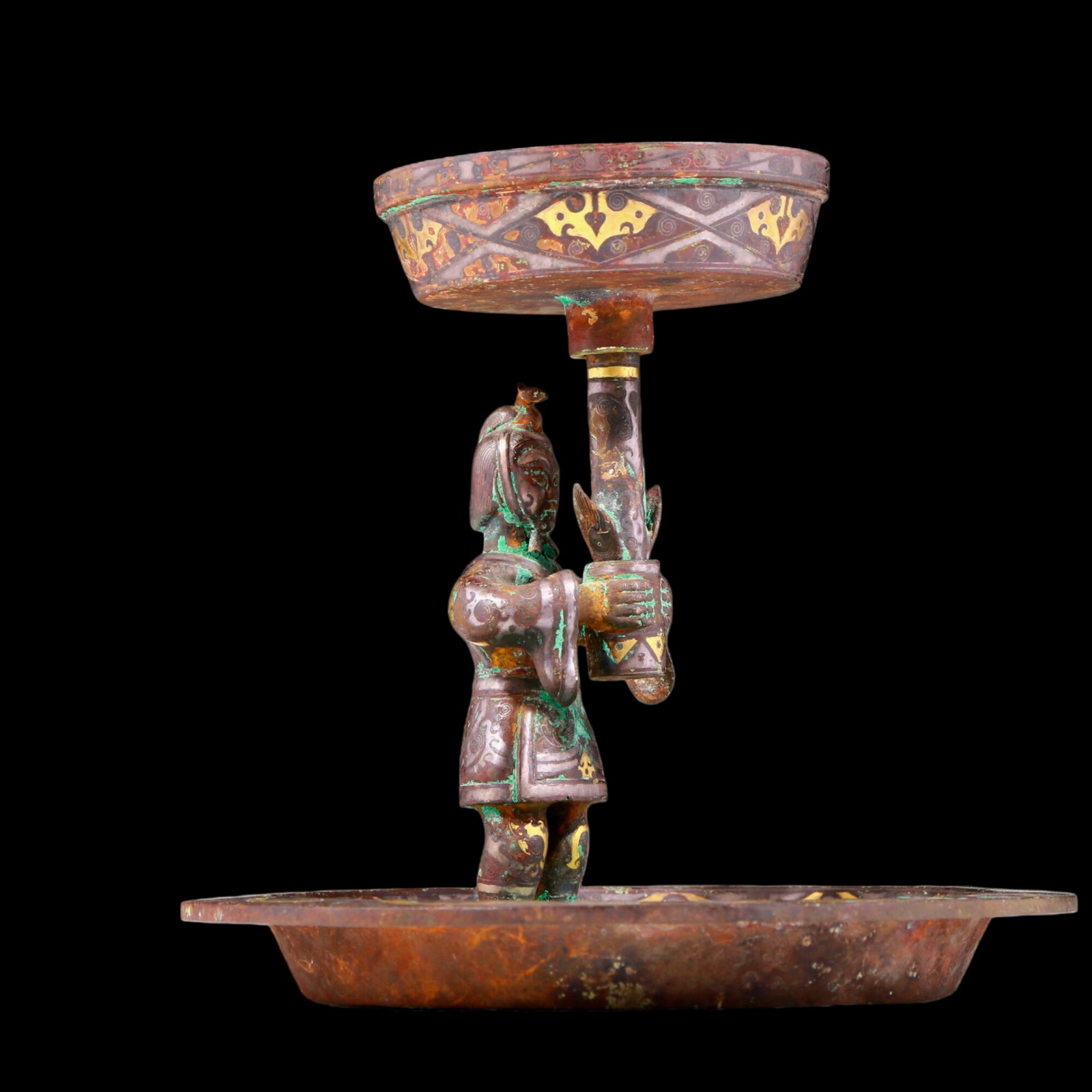 A precious bronze inlaid gold and silver figure candlestick (1 of 8)