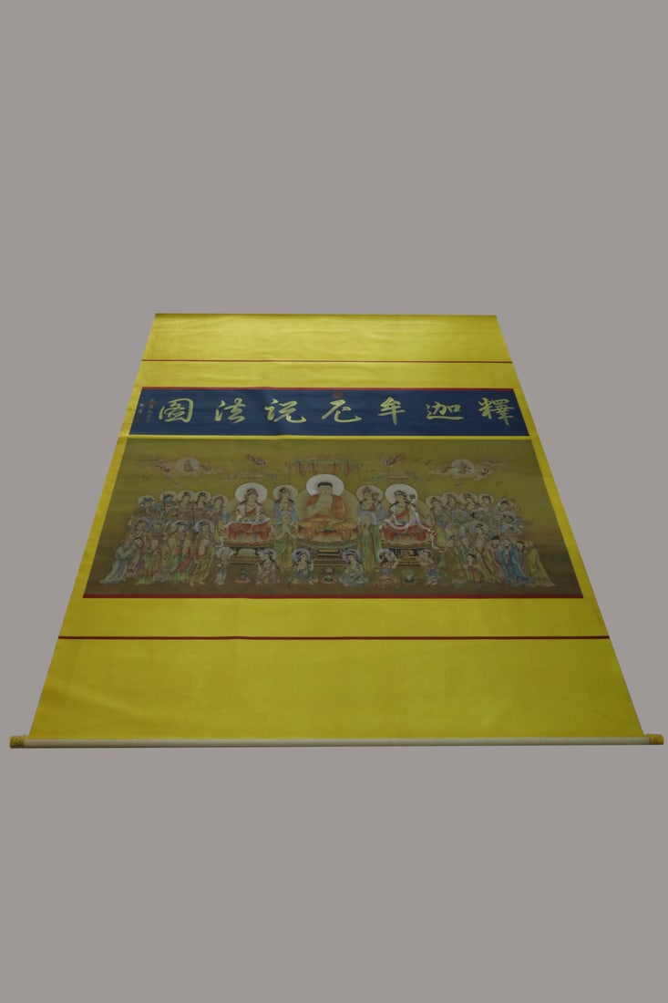 A Chinese Vertical Scroll Ink Painting of Buddha Statue on Silk,Ding Guanpeng: A Chinese Vertical Scroll Ink Painting of Buddha Statue on Silk,Ding Guanpeng,Size:(Without frame)47.2inx91.3in 一幅中国水墨绢本佛像图