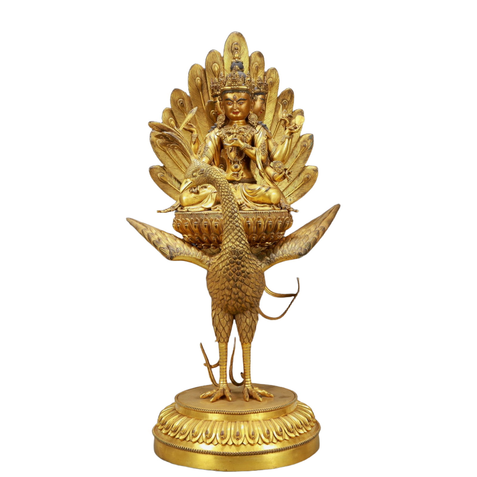 A Solemn Gilt Bronze Statue of Bodhisattva: A Solemn Gilt Bronze Statue of Bodhisattva,Ming Dynasty, China,Size:15.7inx10.2inx29.5in,Weight:27100g 铜鎏金孔雀明王菩萨像,中国