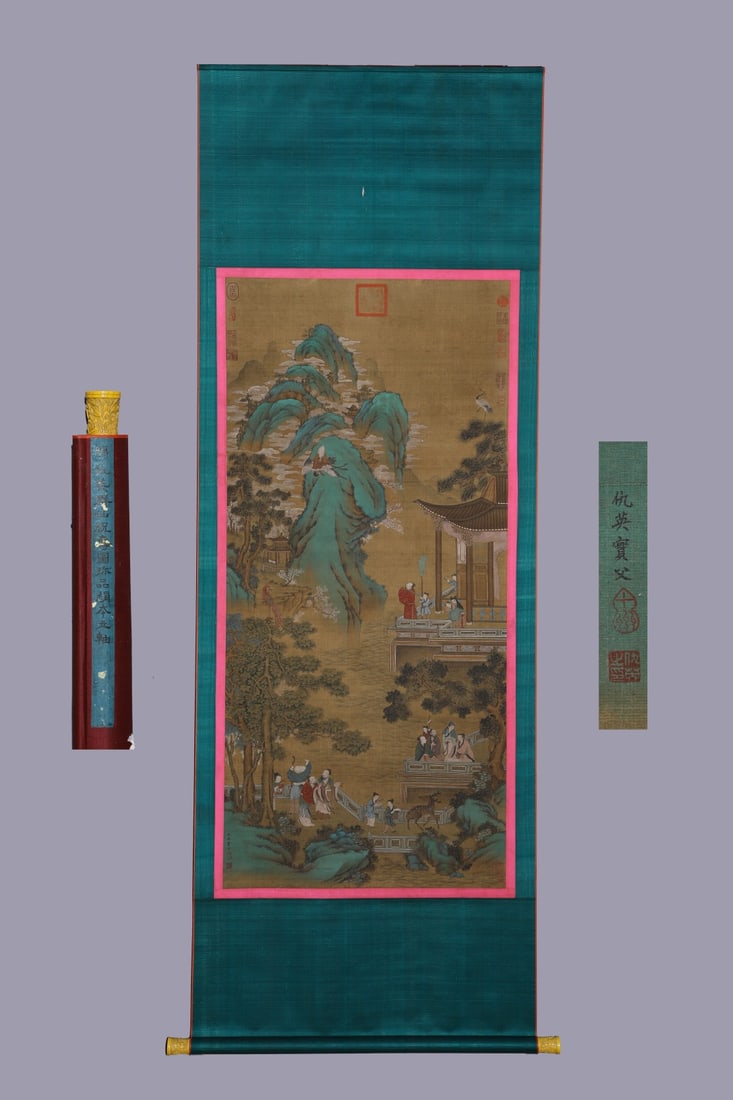 A Chinese Vertical Scroll Ink Painting of Landscape and Figure on Silk,Chou Ying: A Chinese Vertical Scroll Ink Painting of Landscape and Figure on Silk,Chou Ying,Size:(Without frame)43.7inx26in 一幅中国水墨绢本山水人