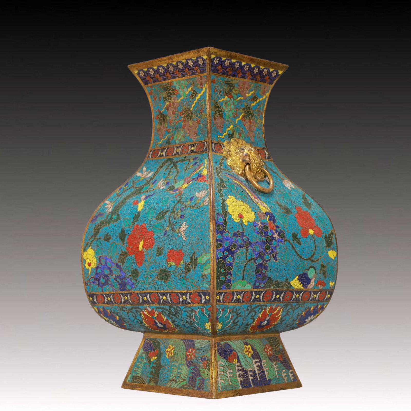 A Huge Cloisonne Flower and Bird Pattern Double-Ears Vase: A Huge Cloisonne Flower and Bird Pattern Double-Ears Vase,Ming Dynasty, China,Jingtai Six-character Mark,Size:8.7inx15.7in,Weight:5200g 景泰蓝花鸟纹双耳