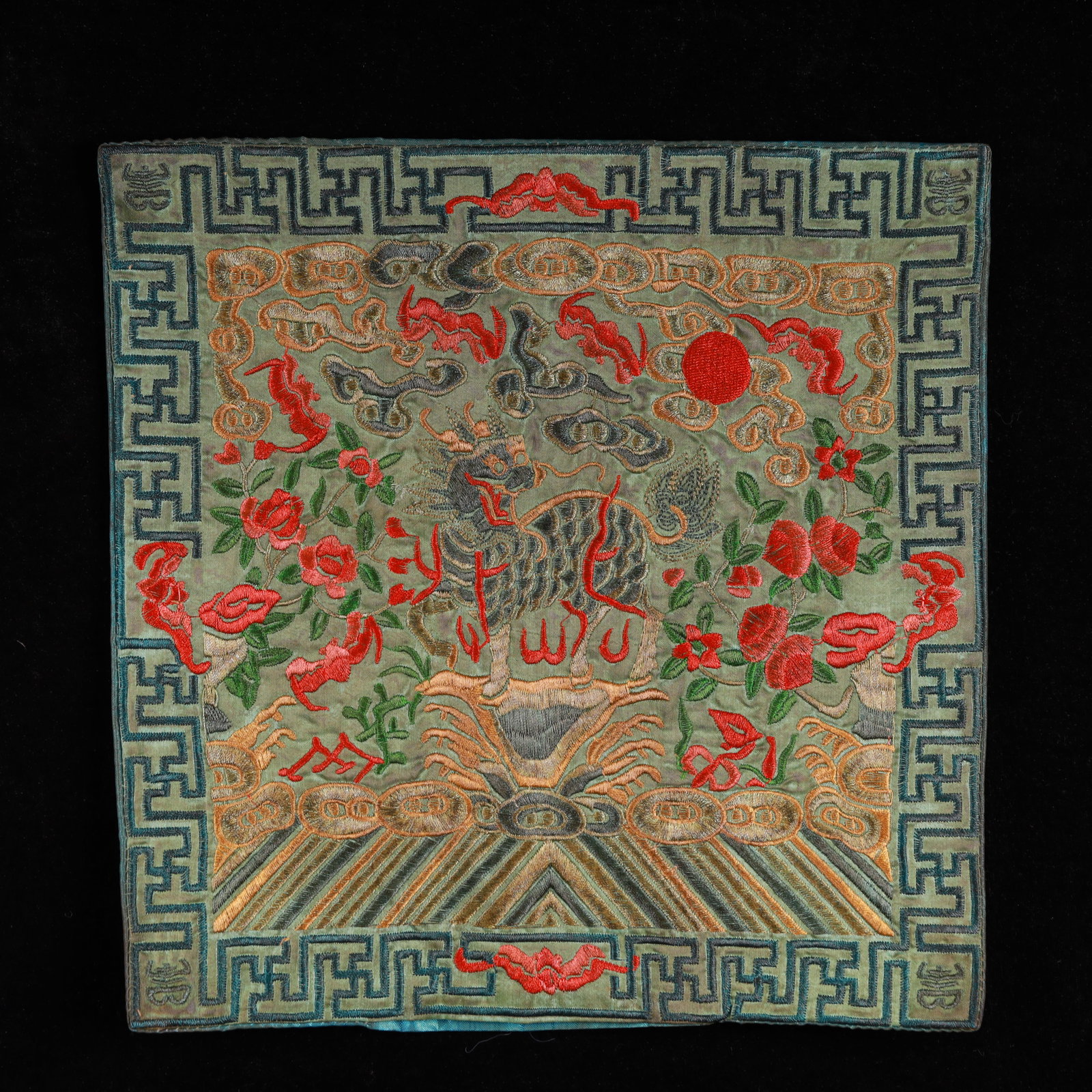 An Exquisite Embroidery Kylin Pattern Civil Official Rank Badges: An Exquisite Embroidery Kylin Pattern Civil Official Rank Badges,Qing Dynasty, China,Size:10.2inx10.2in 刺绣麒麟官补,中国清代