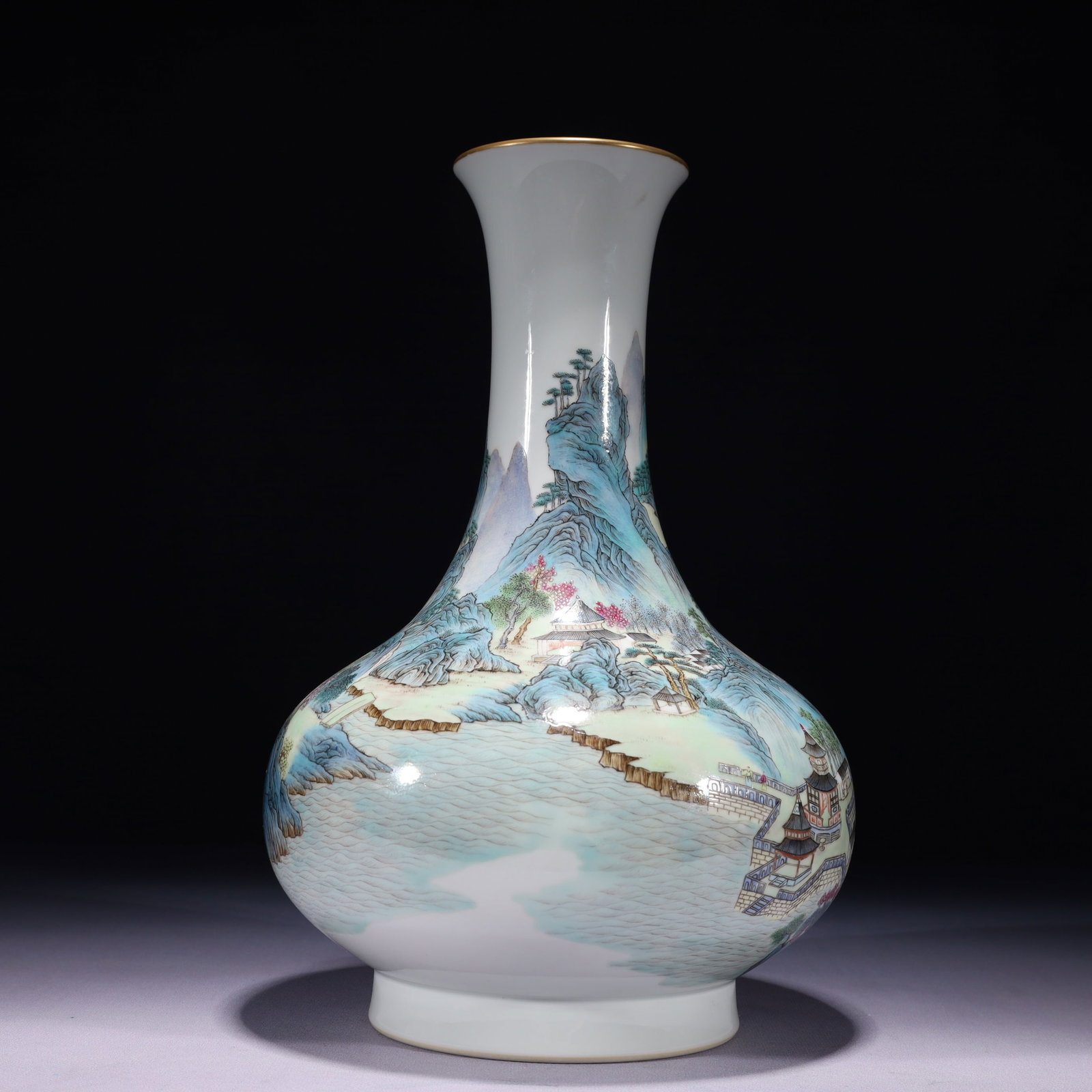 An Exquisite Enamel Painted Gold Landscape Pattern Vase: An Exquisite Enamel Painted Gold Landscape Pattern Vase,Qing Dynasty,China,Yongzheng Six-character Mark,Size:7.1inx12.6in,Weight:2050g 珐琅彩描金山水纹&