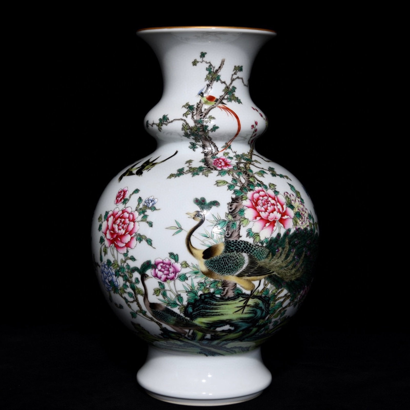 A Rare Famille-Rose Flower and Peacock Pattern Vase,with poem: A Rare Famille-Rose Flower and Peacock Pattern Vase,with poem,Qing Dynasty,China,Yongzheng Six-character Mark,Size:12.2inx8.3in 粉彩花卉孔雀纹瓶,带