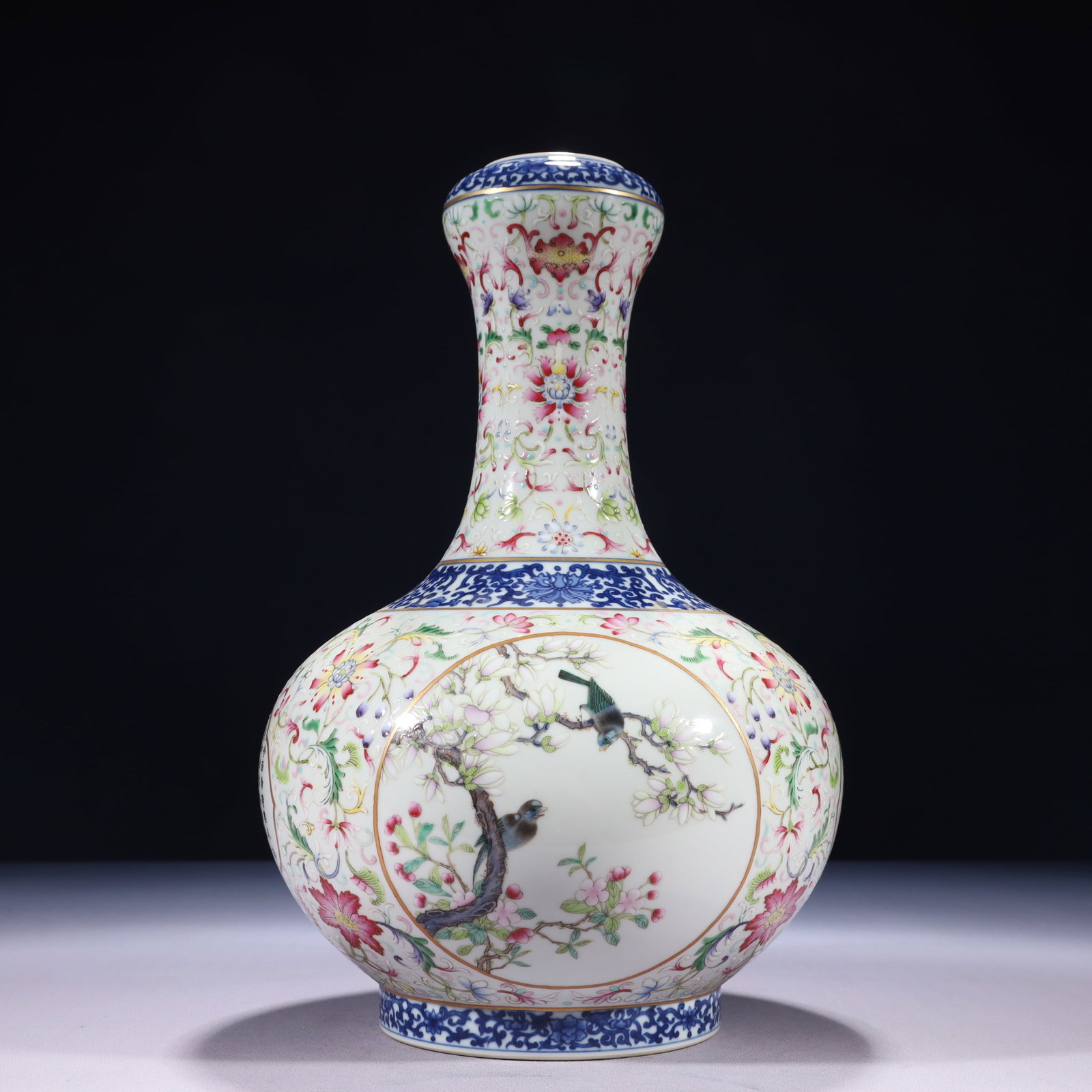 An Exquisite Blue and White Famille-Rose Painted Gold Flower and Bird Pattern Vase,with poem: An Exquisite Blue and White Famille-Rose Painted Gold Flower and Bird Pattern Vase,with poem,Qing Dynasty,China,Qianlong Six-character Mark,Size:7.1inx12.6in,Weight:2500g 青花粉ô