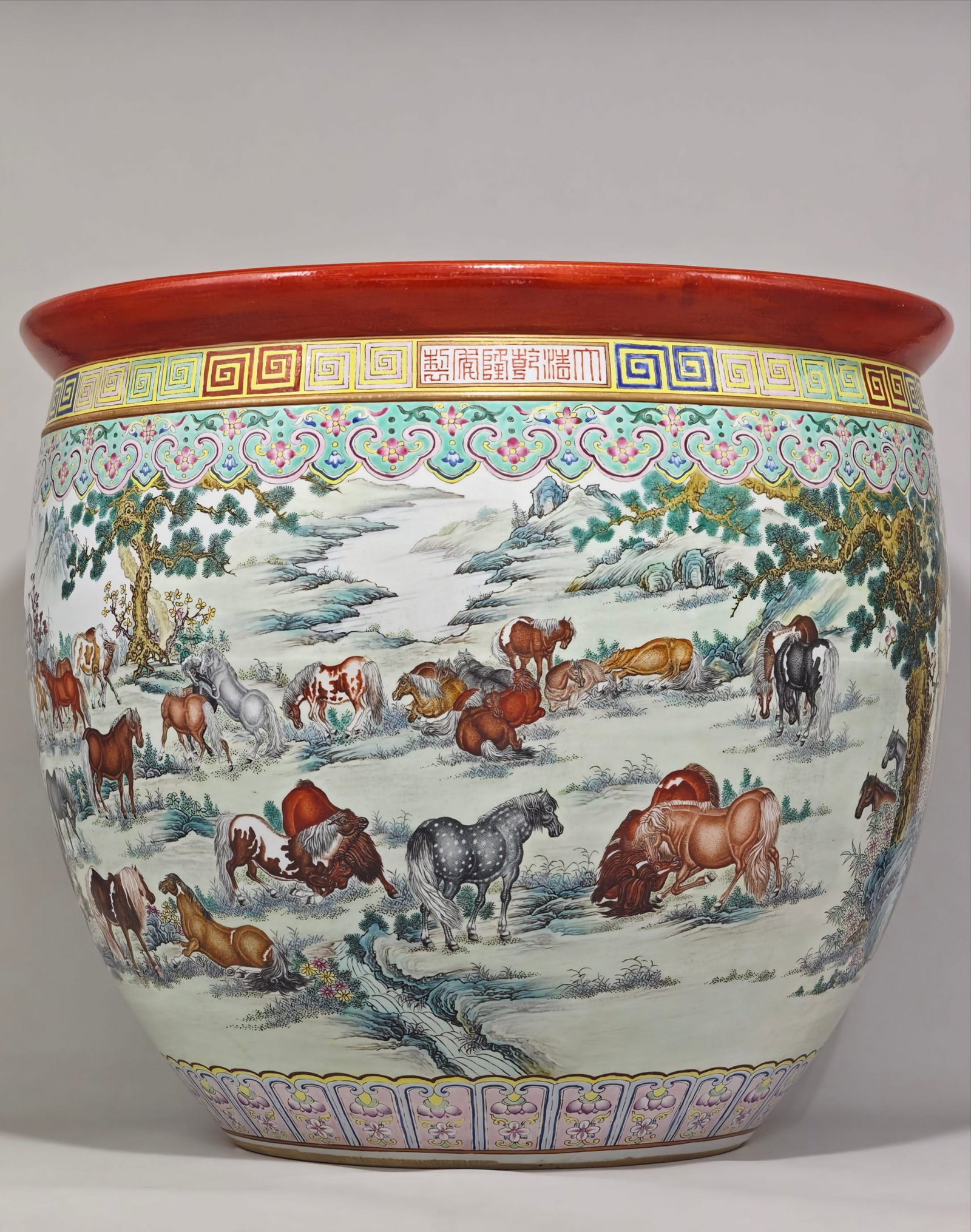 A Huge Famille-Rose Horse Pattern Vat: A Huge Famille-Rose Horse Pattern Vat,Qing Dynasty,China,Qianlong Six-character Mark,Size:19.1inx21.7in 粉彩骏马纹缸,中国清代,乾།