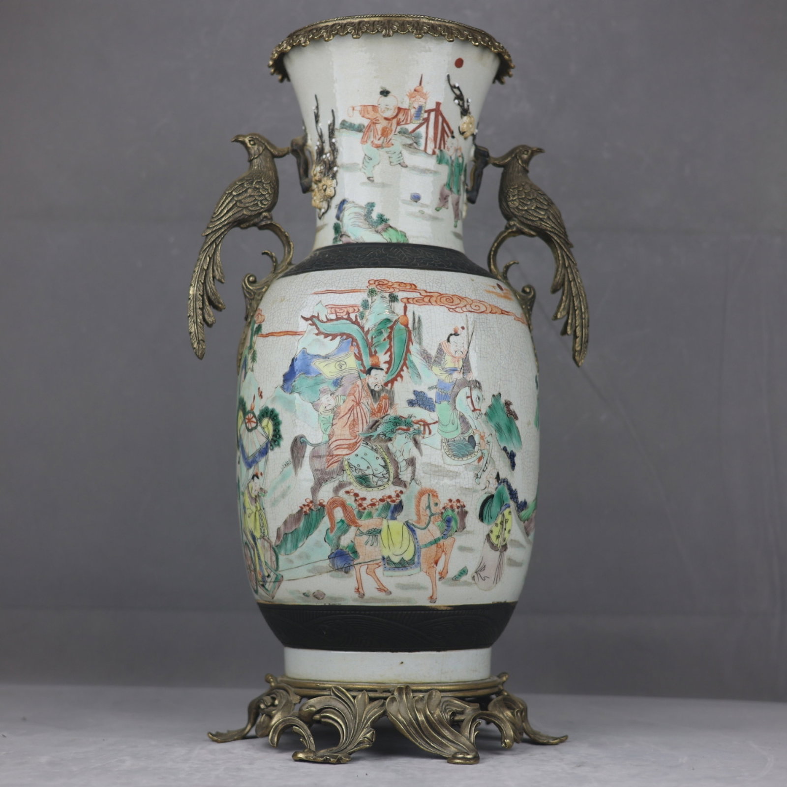 A Huge Wucai Inlaid Gilt Bronze Character and Story Pattern Double-Ears Vase: A Huge Wucai Inlaid Gilt Bronze Character and Story Pattern Double-Ears Vase,Ming Dynasty,China,Chenghua Four-character Mark,Size:21.3inx11.8in 五彩镶铜鎏金人