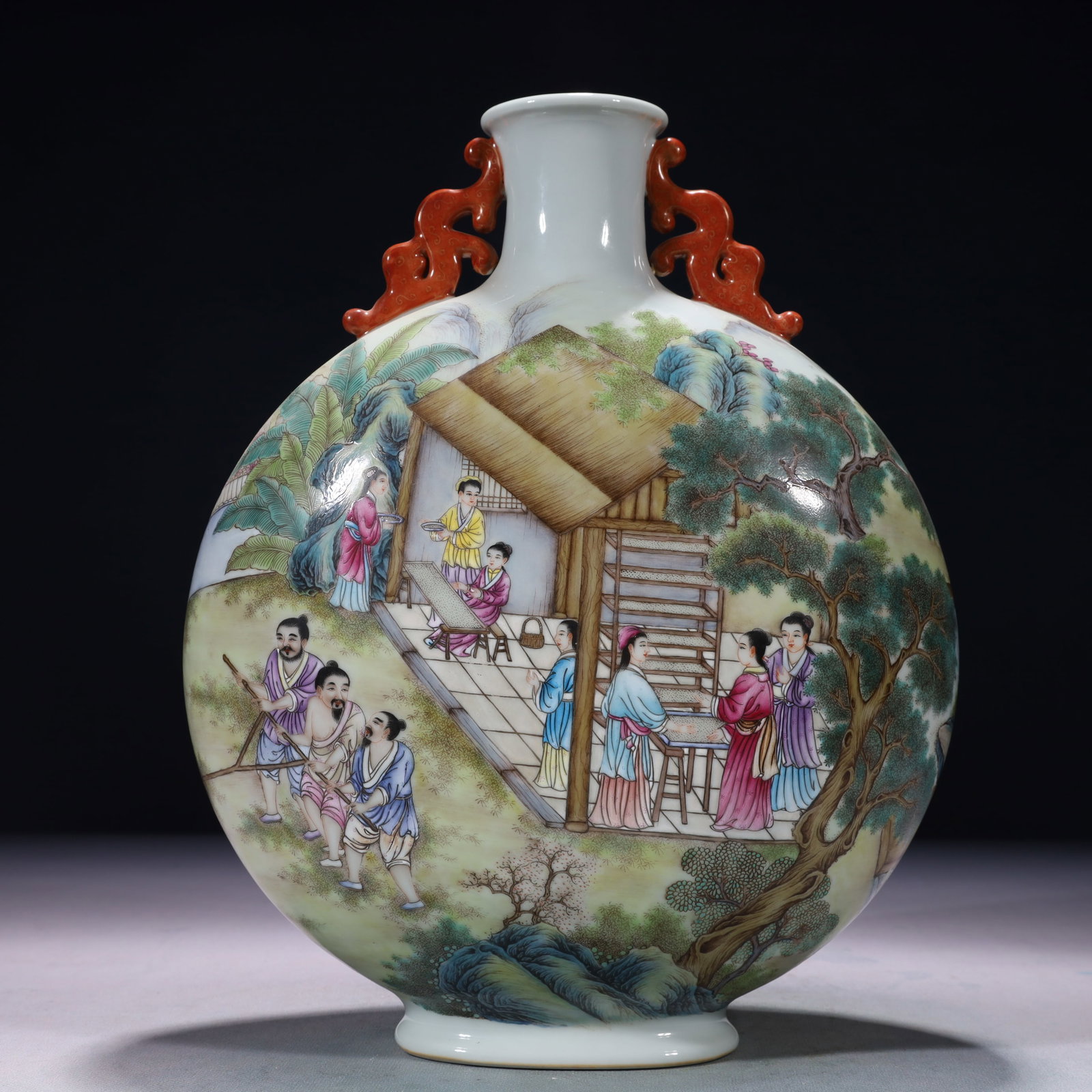 An Exquisite Enamel Landscape and Figure Pattern Double-Ears Vase,with poem: An Exquisite Enamel Landscape and Figure Pattern Double-Ears Vase,with poem,Qing Dynasty,China,Qianlong Six-character Mark,Size:9.8inx4.3inx12.6in,Weight:2450g 珐琅彩山水