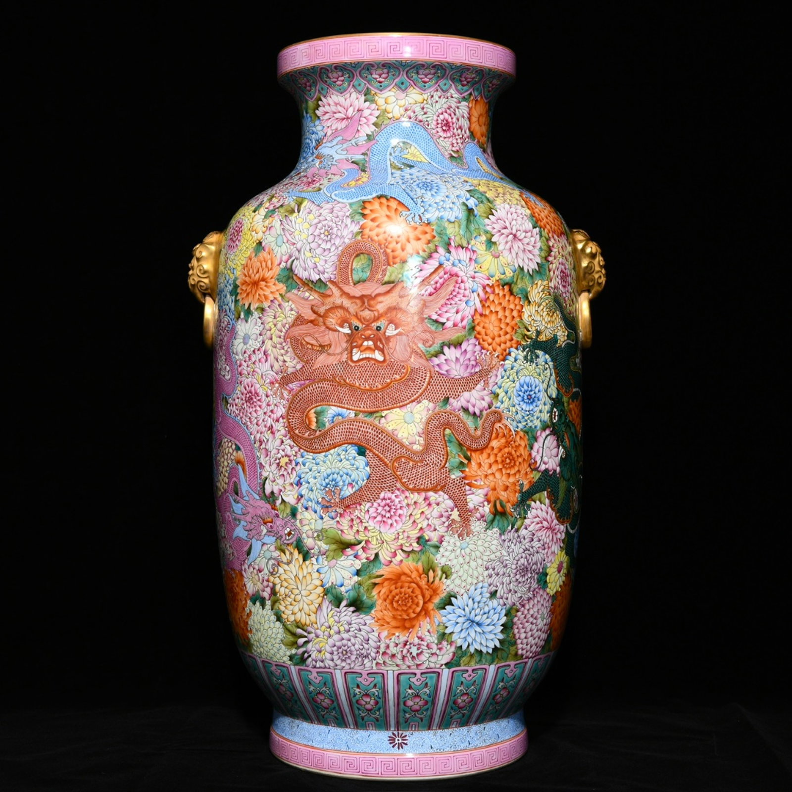 A Huge Famille-Rose Gilt Flower and Dragon Pattern Beast-Ears Vase: A Huge Famille-Rose Gilt Flower and Dragon Pattern Beast-Ears Vase,Qing Dynasty,China,Qianlong Four-character Mark,Size:23.9inx12.8in 粉彩鎏金花卉龙纹&#