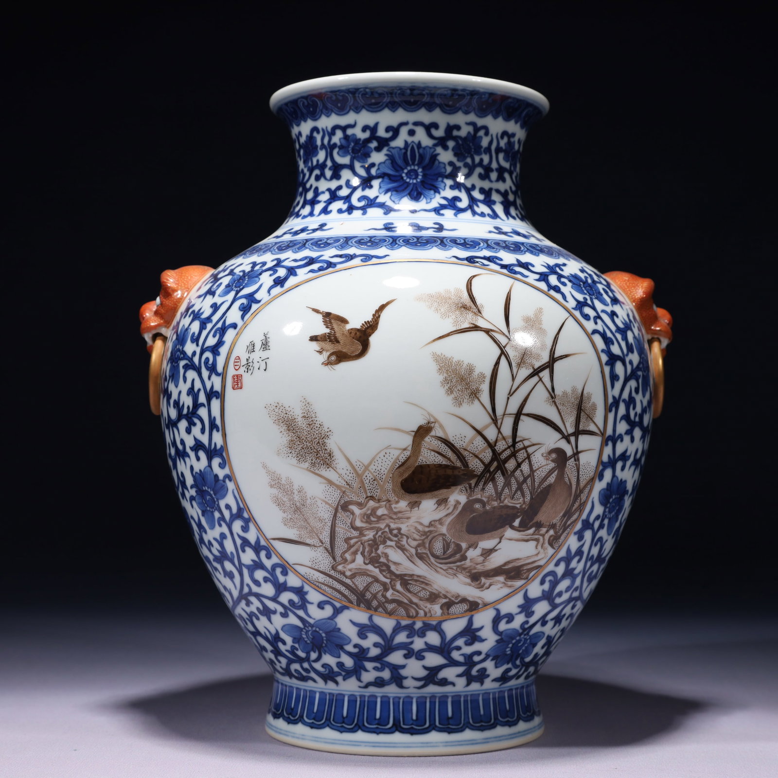 An Exquisite Blue and White Ink Color Flower and Bird Pattern Beast-Ears Vase: An Exquisite Blue and White Ink Color Flower and Bird Pattern Beast-Ears Vase,Qing Dynasty,China,Qianlong Six-character Mark,Size:8.3inx10.2in,Weight:1800g 青花墨彩花(