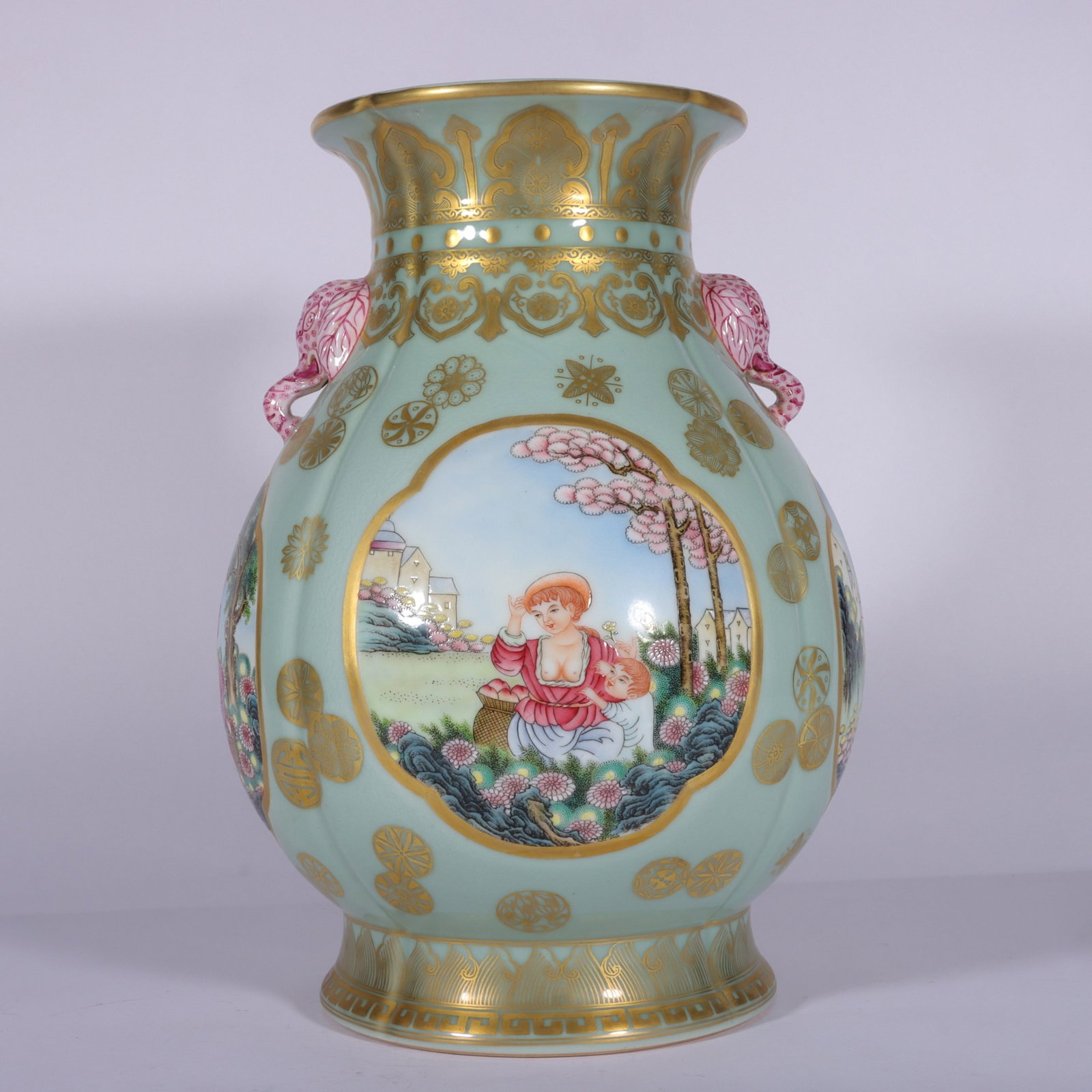 A Rare Enamel Celadon Glazed Painted Gold Character and Story Pattern Elephant-Ears Vase: A Rare Enamel Celadon Glazed Painted Gold Character and Story Pattern Elephant-Ears Vase,Qing Dynasty,China,Qianlong Six-character Mark,Size:13.5inx9.1in 珐琅彩青釉৻
