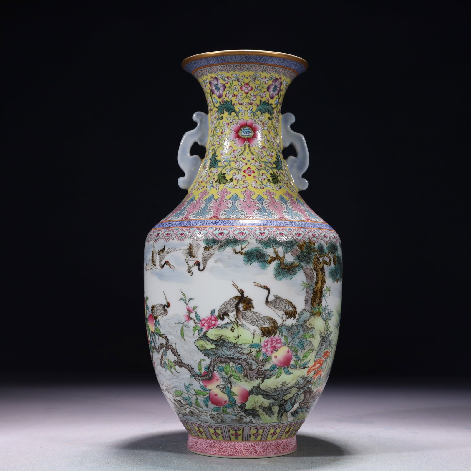 An Exquisite Famille-Rose Painted Gold Flower and Crane Pattern Double-Ears Vase,with poem: An Exquisite Famille-Rose Painted Gold Flower and Crane Pattern Double-Ears Vase,with poem,Qing Dynasty,China,Qianlong Six-character Mark,Size:5.5inx11.4in,Weight:1200g 粉彩描金