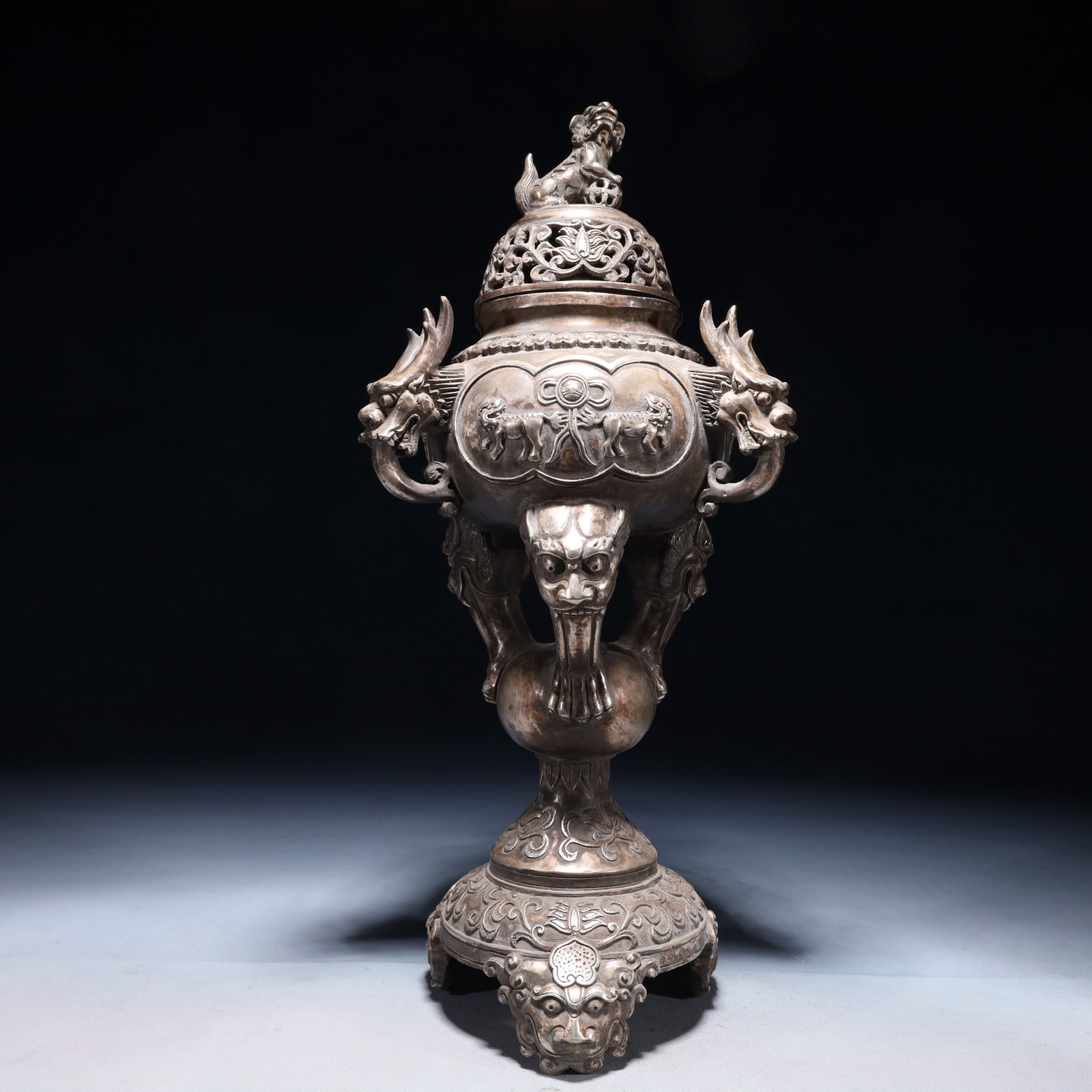 An Exquisite Silver-plated Bronze Lotus Pattern Double-Ears and Tripod Censer: An Exquisite Silver-plated Bronze Lotus Pattern Double-Ears and Tripod Censer,Qing Dynasty,China,Size:7.1inx5.5inx16.5in,Weight:2900g