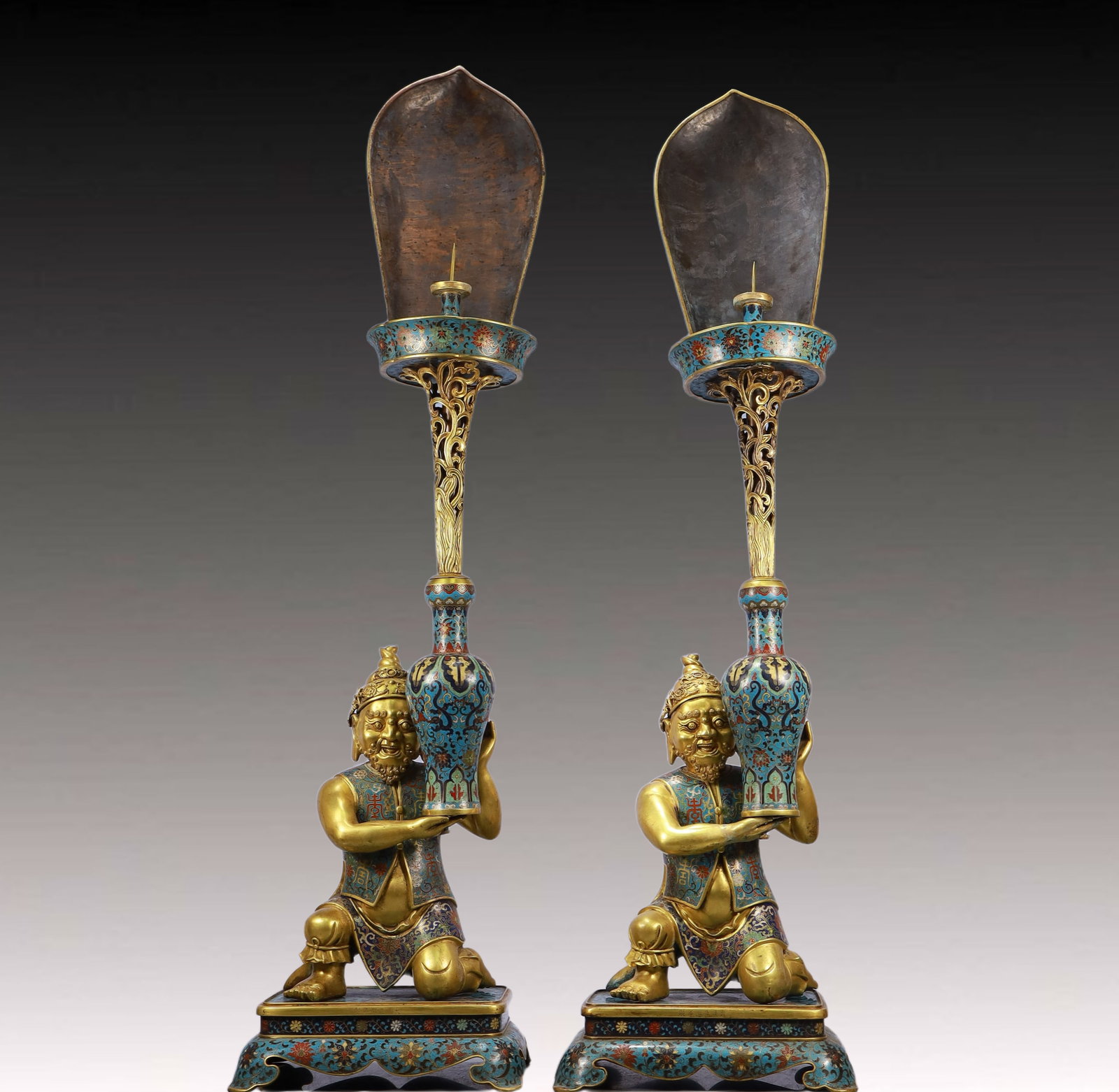 A Pair of Huge Cloisonne Lotus Pattern Figure Candlesticks: A Pair of Huge Cloisonne Lotus Pattern Figure Candlesticks,Qing Dynasty, China,Kangxi Six-character Mark,Size:11inx8.7inx43.3in,Weight:24.5kg 一对景泰蓝缠枝&#