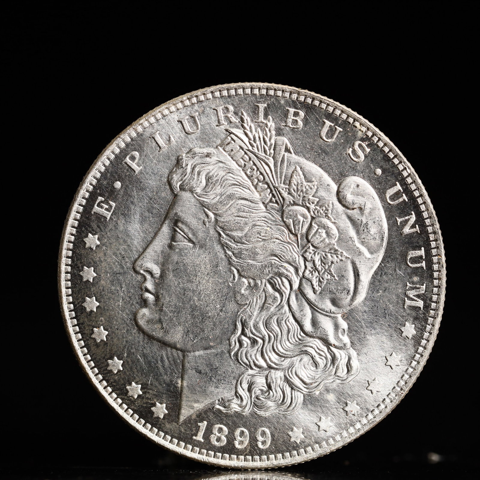USA Morgan Dollar 1899 Coin: Obv: profile bust with date below and E PLURIBUS UNUM legend and stars around. Rev: eagle with In God we trust above within wreath with UNITED STATES OF AMERICA ONE DOLLAR legend. IN GOD WE TRUST / LI