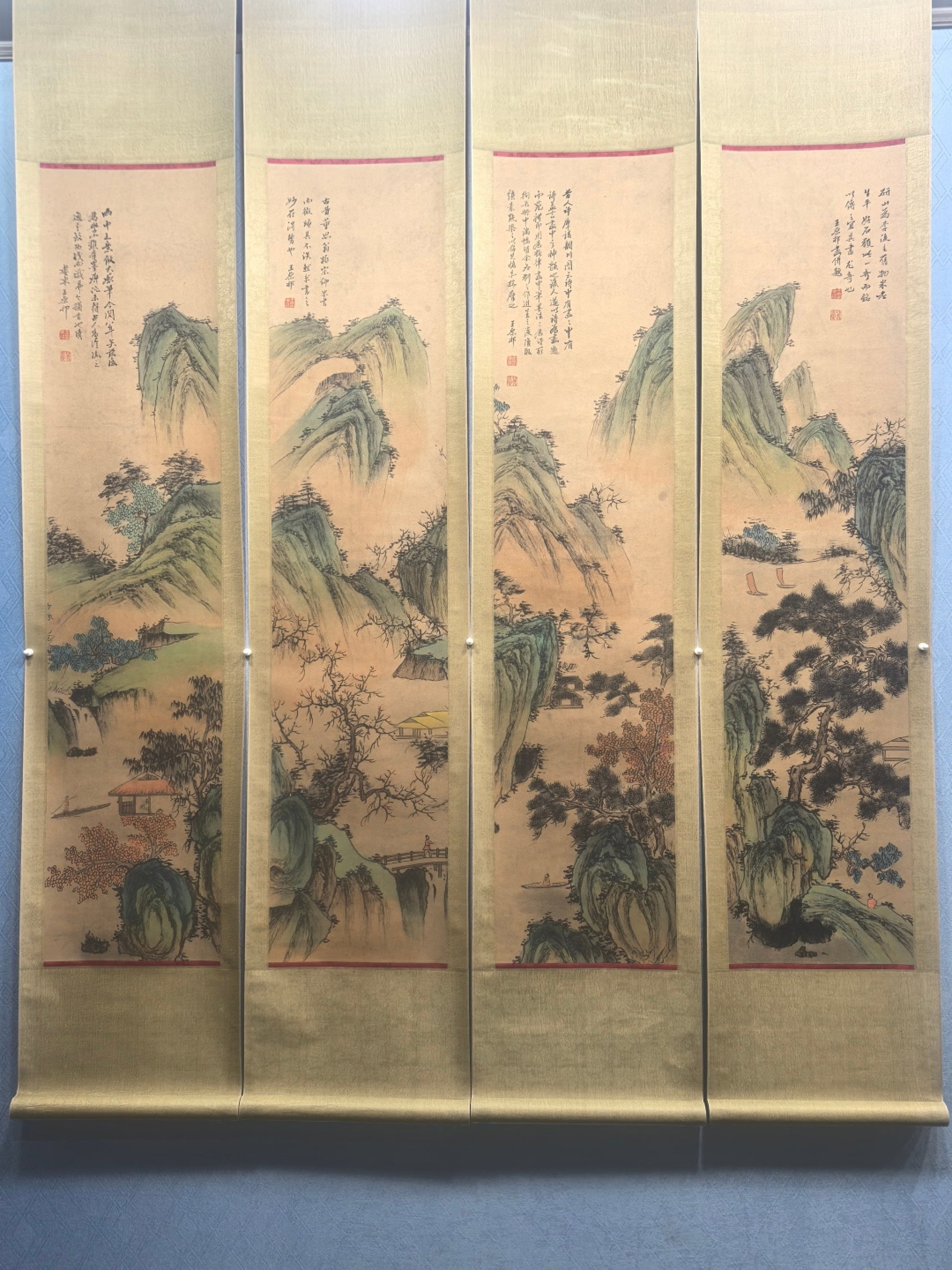 A Set of Chinese Vertical Scroll Ink Painting of Landscape on Paper: A Set of Chinese Vertical Scroll Ink Painting of Landscape on Paper,Wang Yuanqi,Size:12inx53.3in 一套中国水墨山水画立轴,王࡜