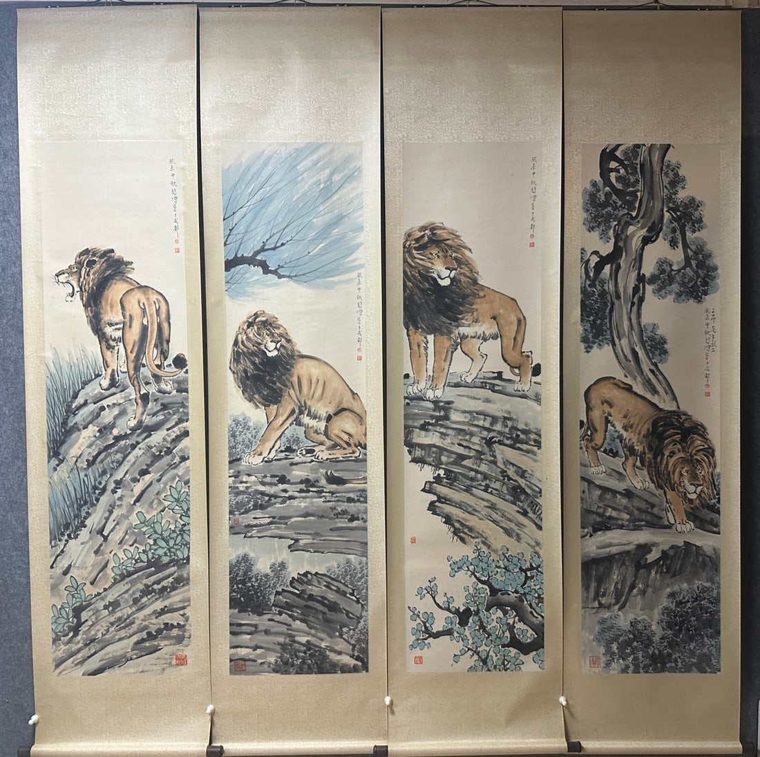 A Set of Chinese Vertical Scroll Ink Painting of Lion on Paper,Xu Beihong (1 of 9)
