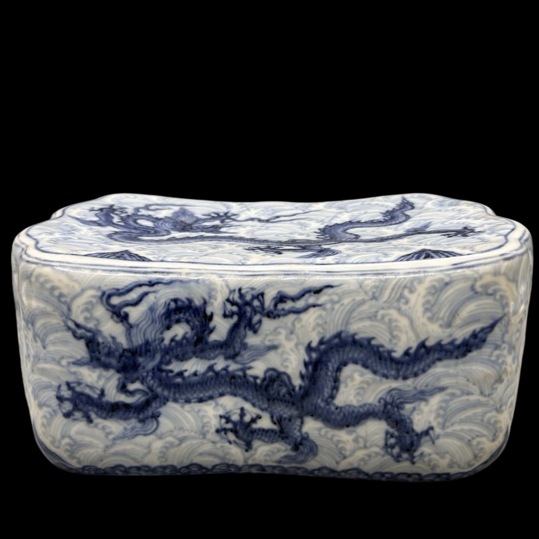 An Exquisite Blue and White Seawater and Dragon Pattern Pillow: An Exquisite Blue and White Seawater and Dragon Pattern Pillow,Qing Dynasty,China,Size:4.3inx9.4in