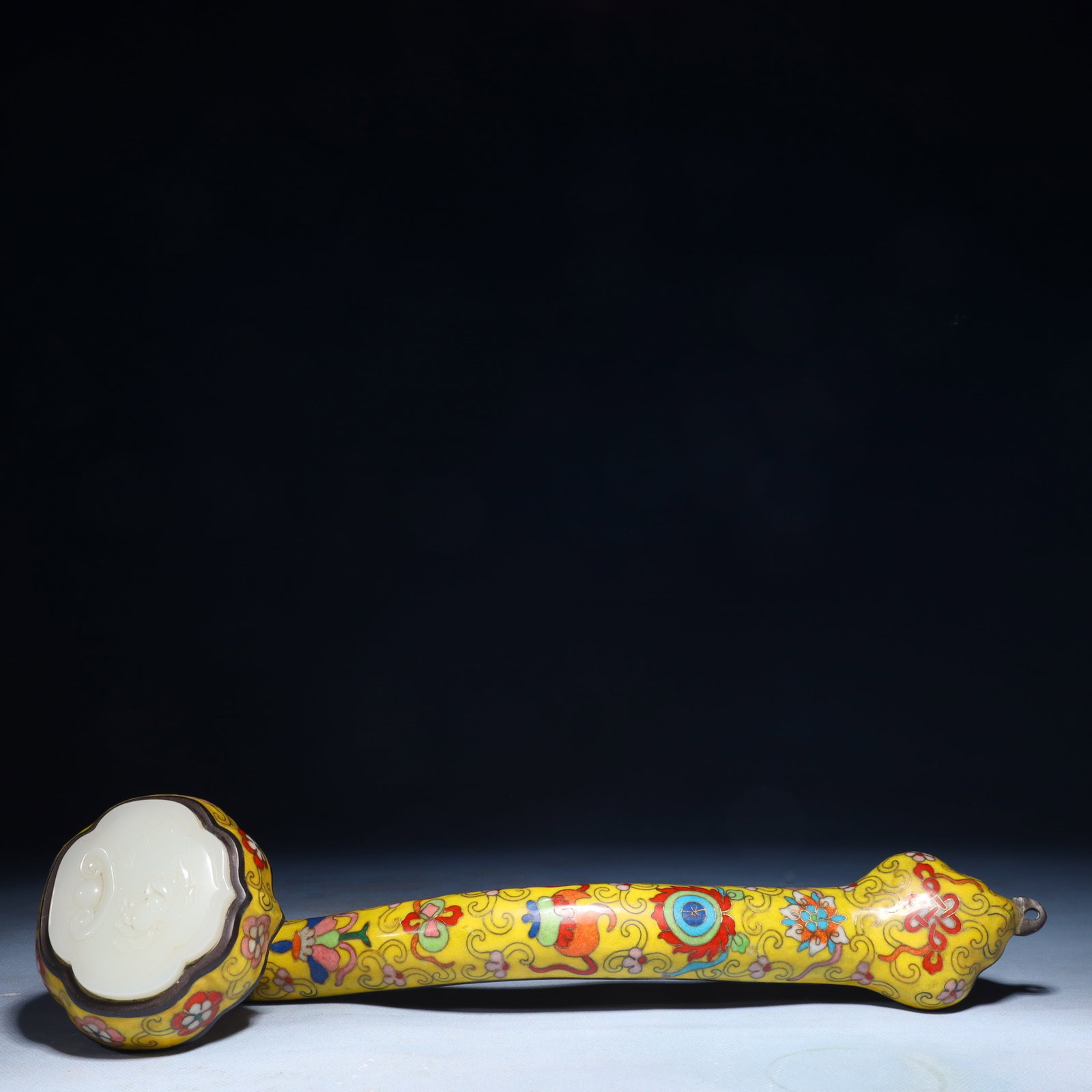 An Exquisite Cloisonne Inlaid White Jade Eight Treasures Pattern Ruyi: An Exquisite Cloisonne Inlaid White Jade Eight Treasures Pattern Ruyi,Qing Dynasty,China,Size:15inx3.5inx3.1in,Weight:1350g 景泰蓝嵌白玉八宝纹